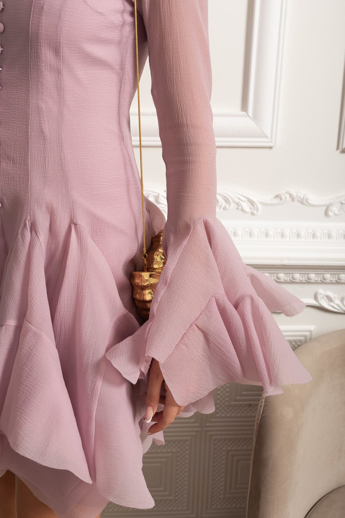 Sheer Sleeve Corset-Waist Ruffle Hem Mini Dress - Pink