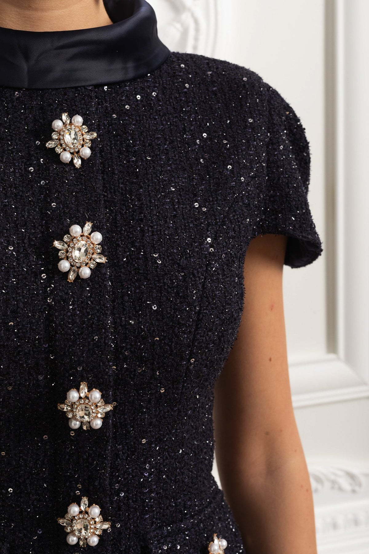 Anastasia Navy Co-Ord Set with Tweed Embellished Top and Satin Maxi Skirt