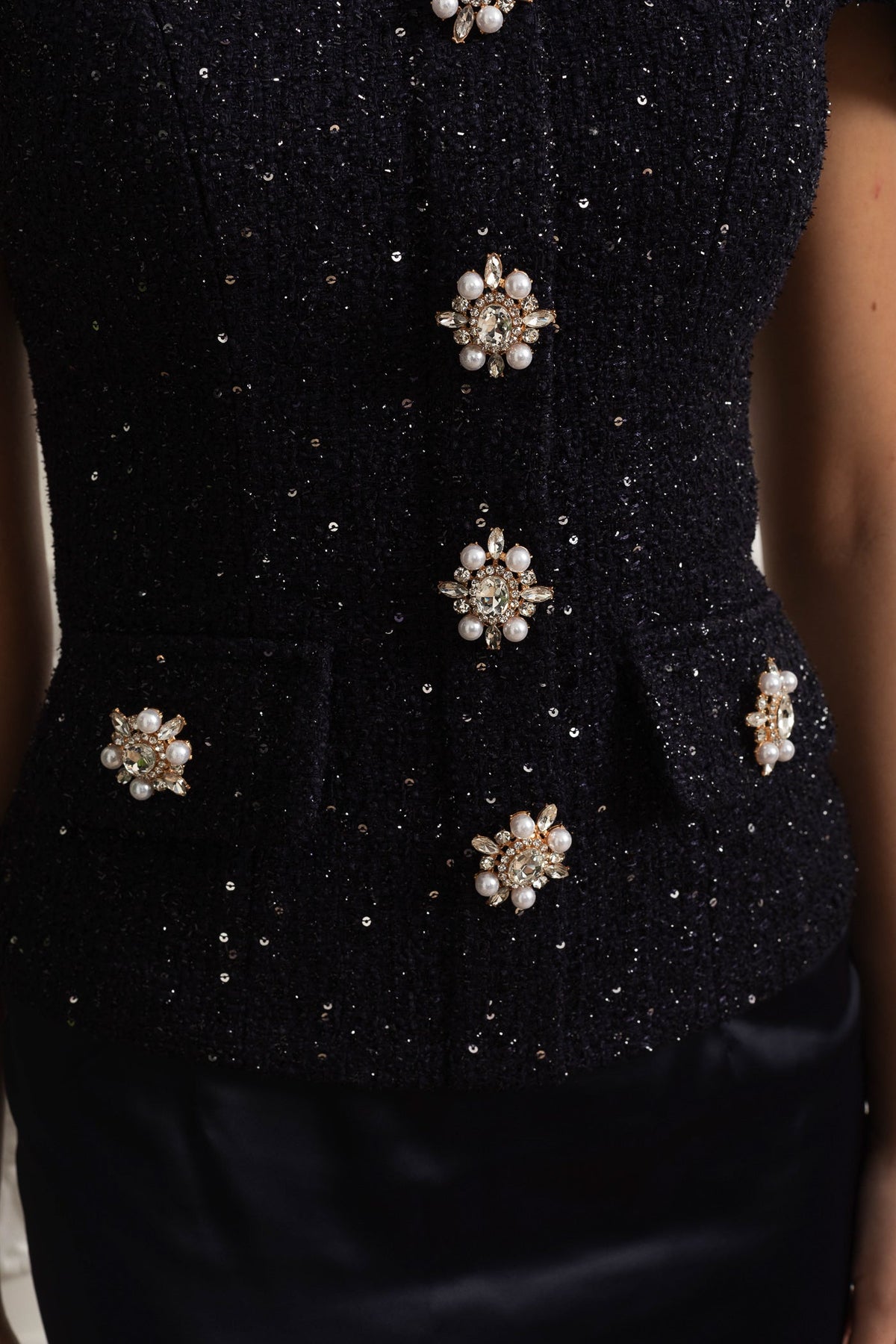 Anastasia Navy Co-Ord Set with Tweed Embellished Top and Satin Maxi Skirt
