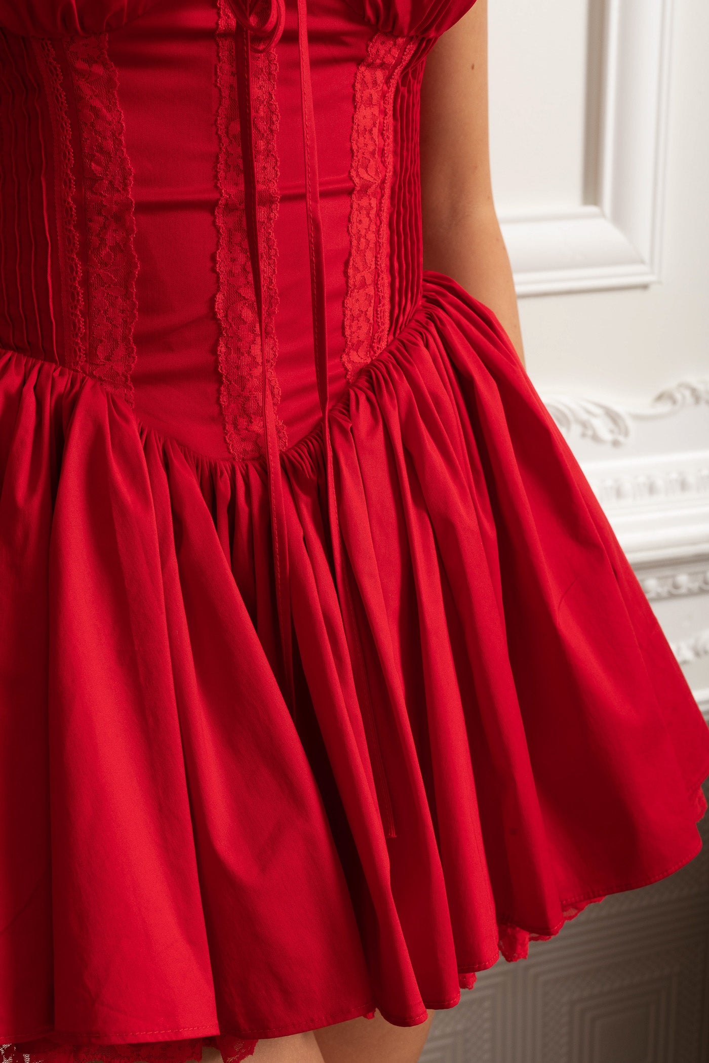 Bustier Dress with Lace-Up Back and Gathered Hem - Red