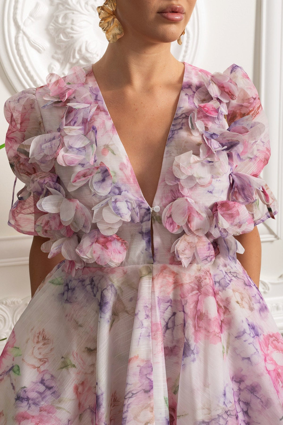 3D Floral Appliqué Puff Sleeve Mini Dress - Pink