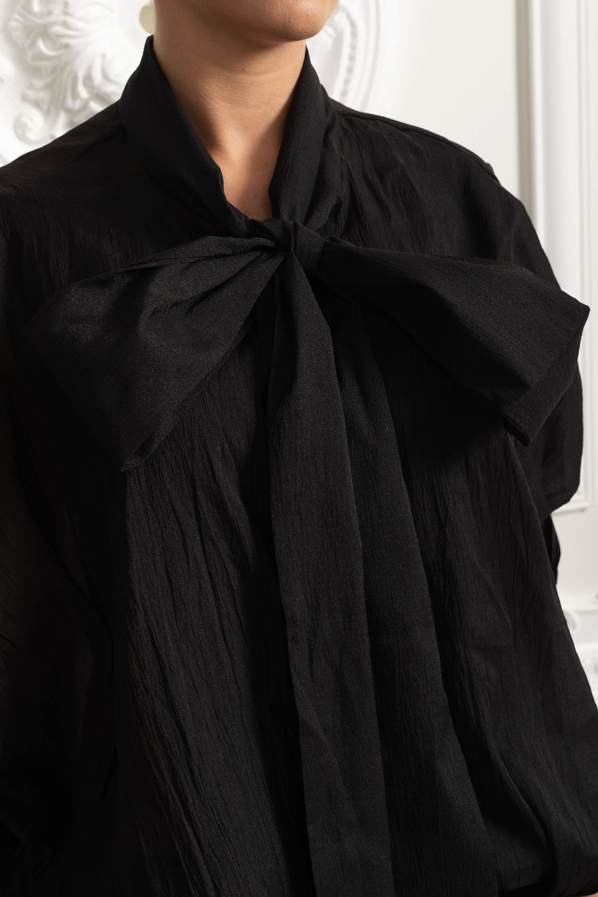 Sheer Bow-Neck Ruffle Mini Dress - Black