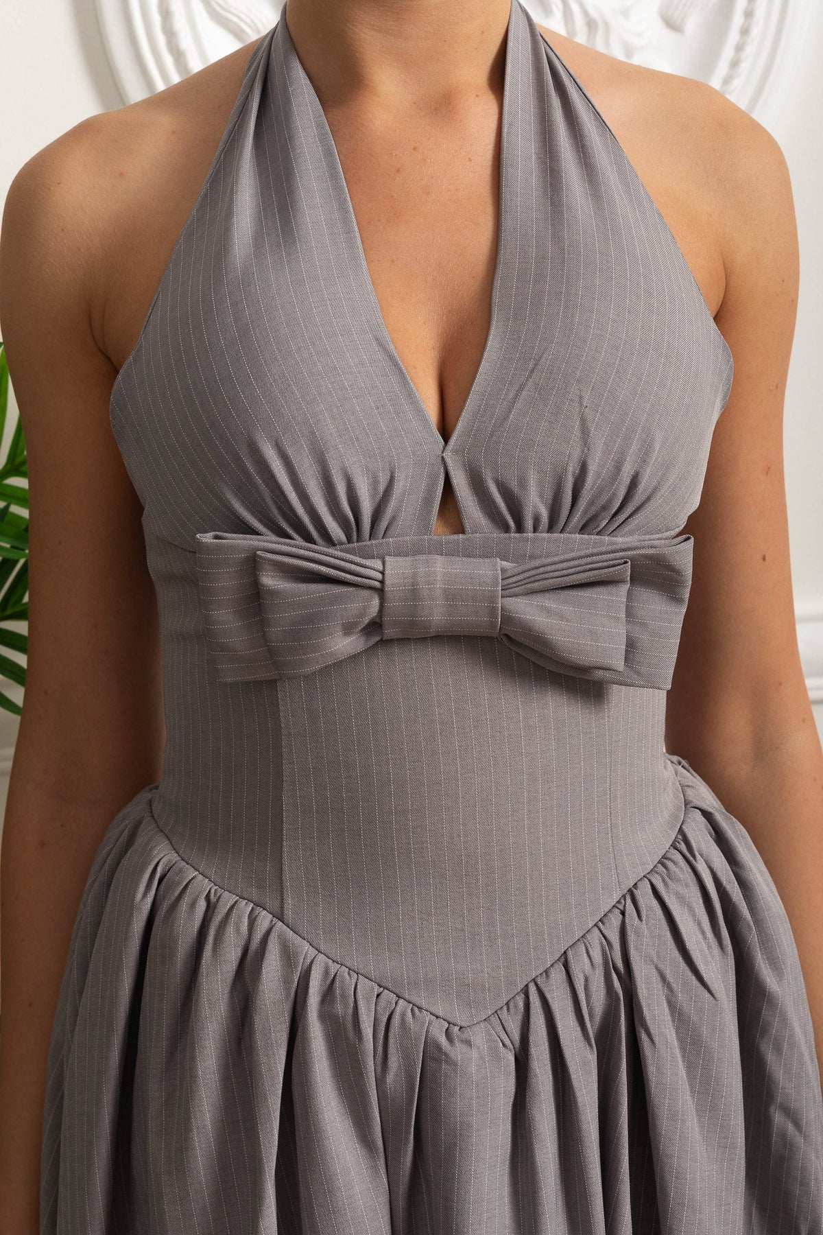 Halterneck Midi Dress With Bow Detail And Gathered Skirt - Gray