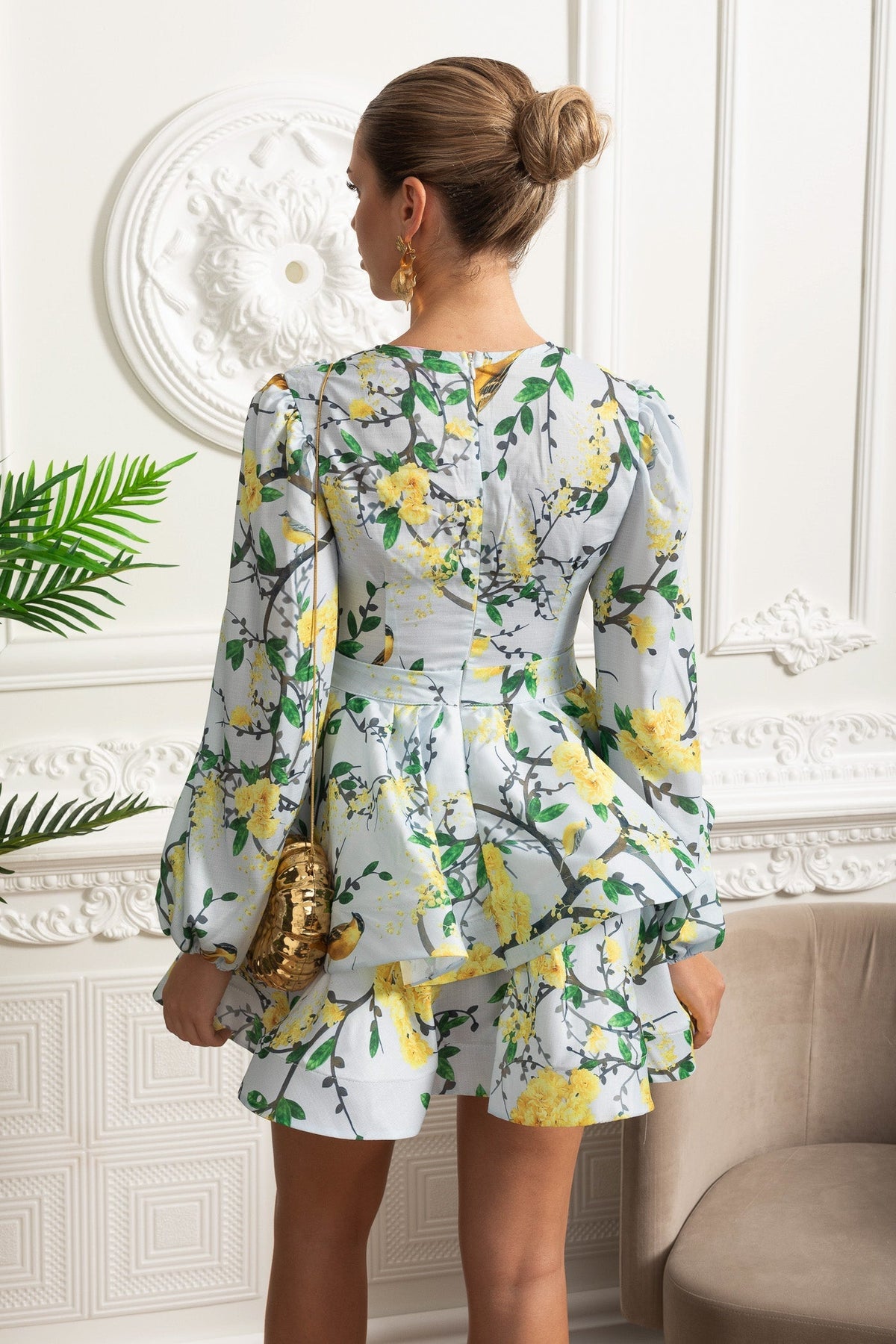 Floral Romantic Mini Dress With Voluminous Sleeves And Peplum Detail - Sky Blue