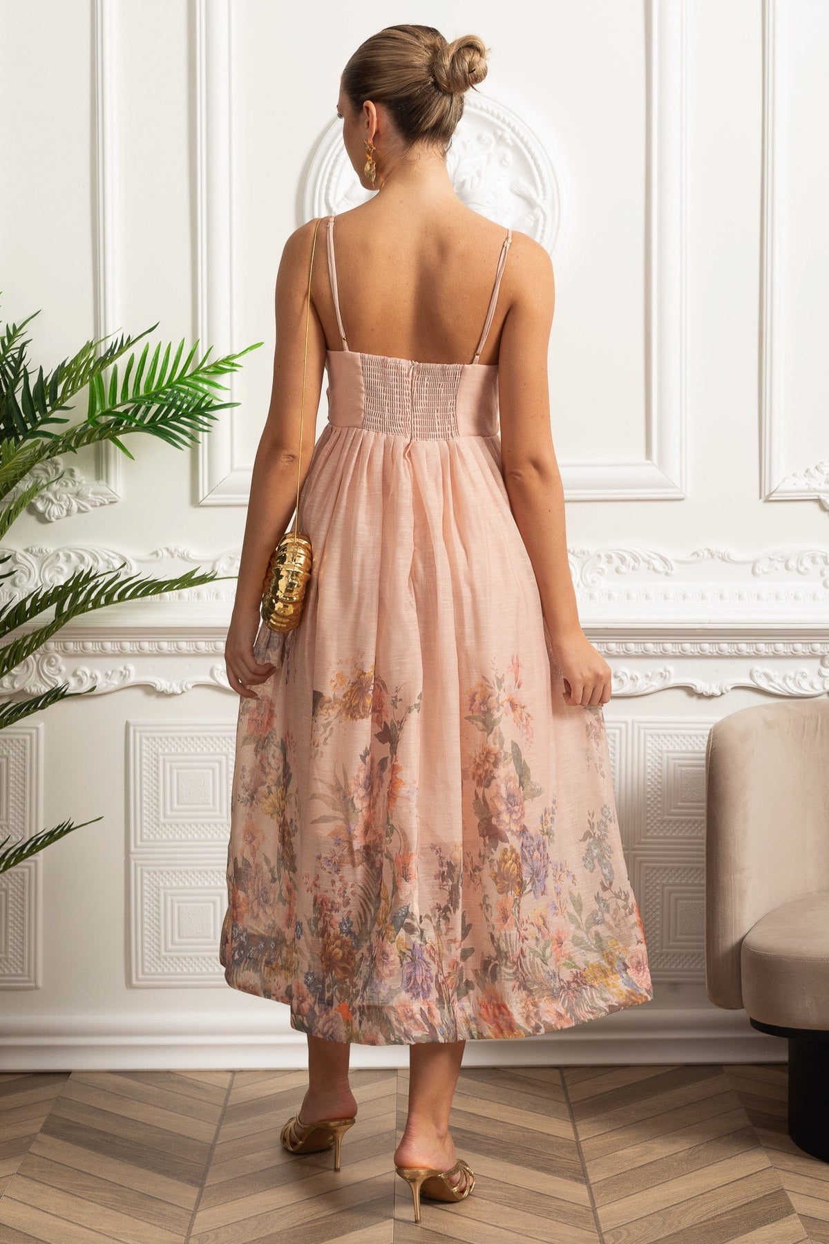 Ruched Bodice Strappy Midi Dress with Smocked Back and Gathered Skirt- Blush