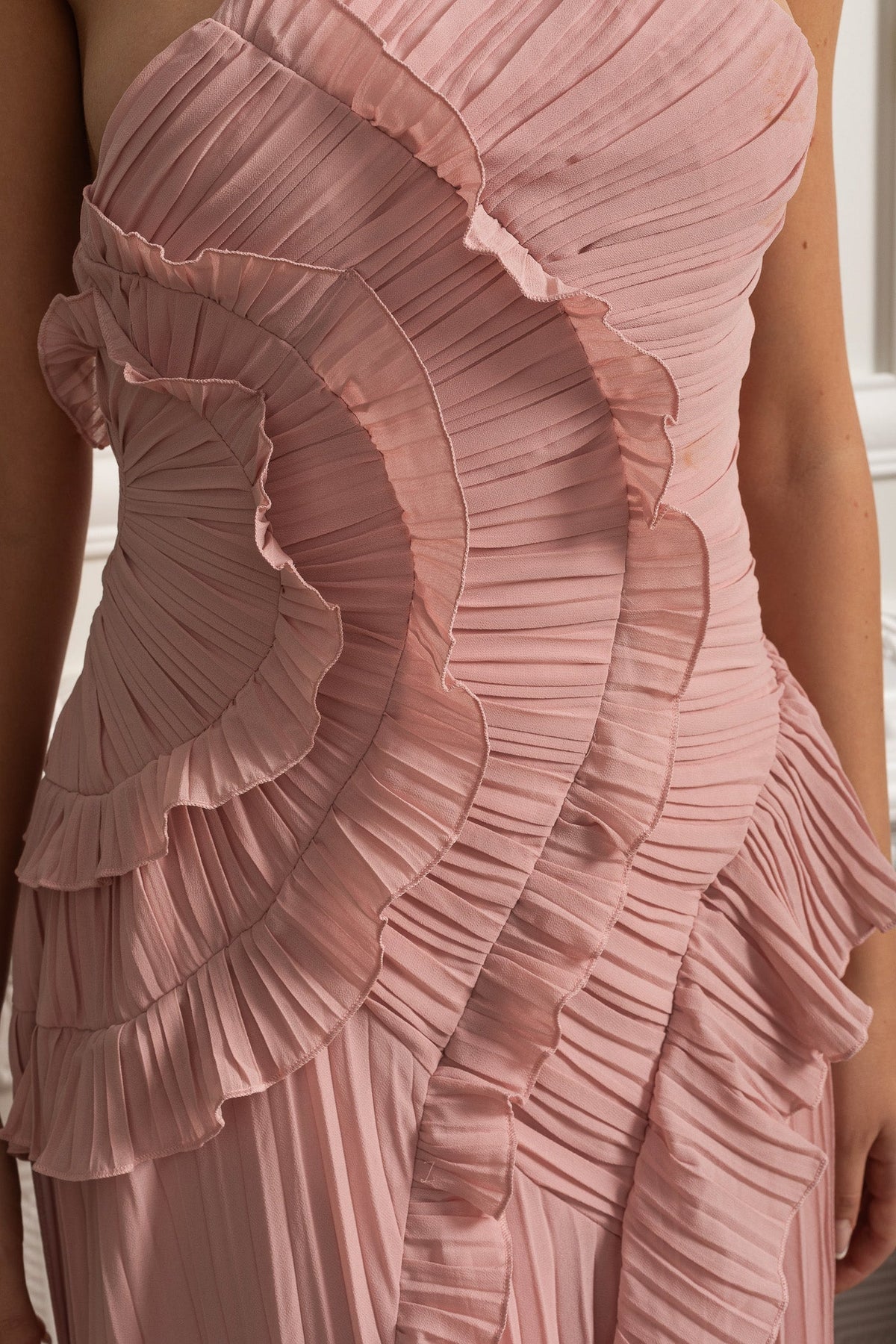 Pleated Halter Midi Dress With Cascading Ruffle Details - Pink