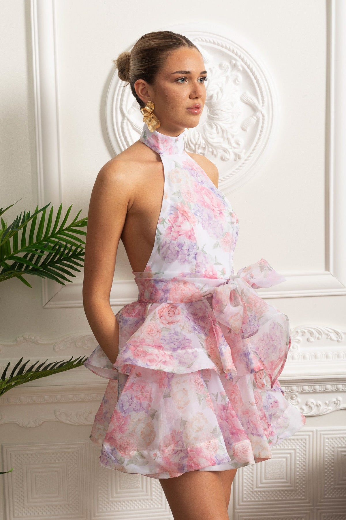 Floral Halterneck Ruffle Mini Dress - Pink