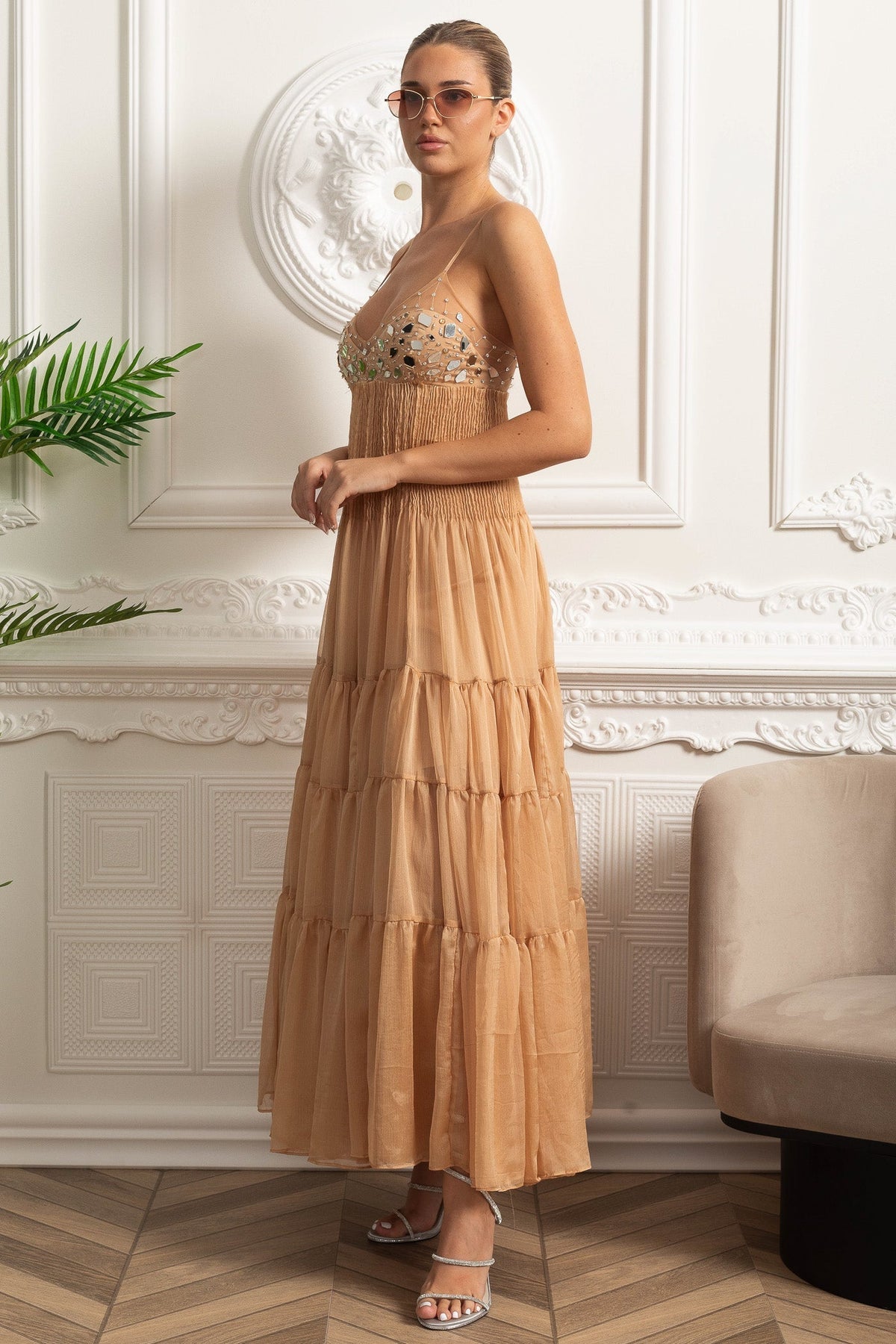 Tiered Maxi Dress with Fitted Bust and Reflective Accents - Beige