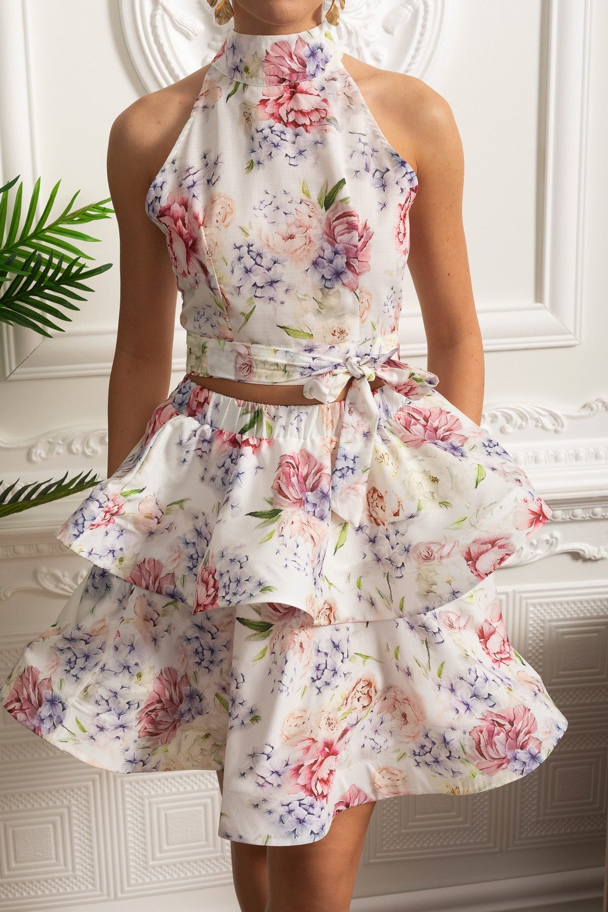 Floral Halter Crop Top and Layered Ruffle Mini Skirt Set - White/Pink