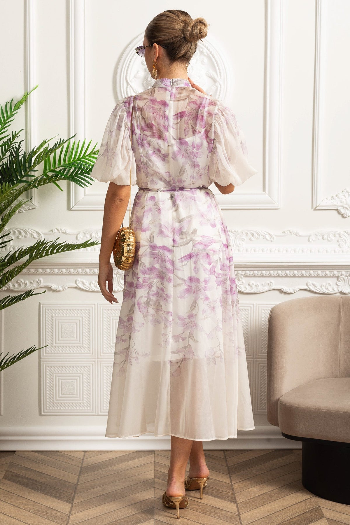 Sheer Silk Midi Shirt Dress with Botanical Motif and Tie Belt - White/Purple