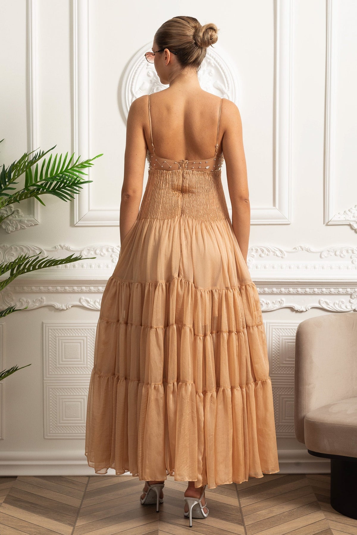 Tiered Maxi Dress with Fitted Bust and Reflective Accents - Beige