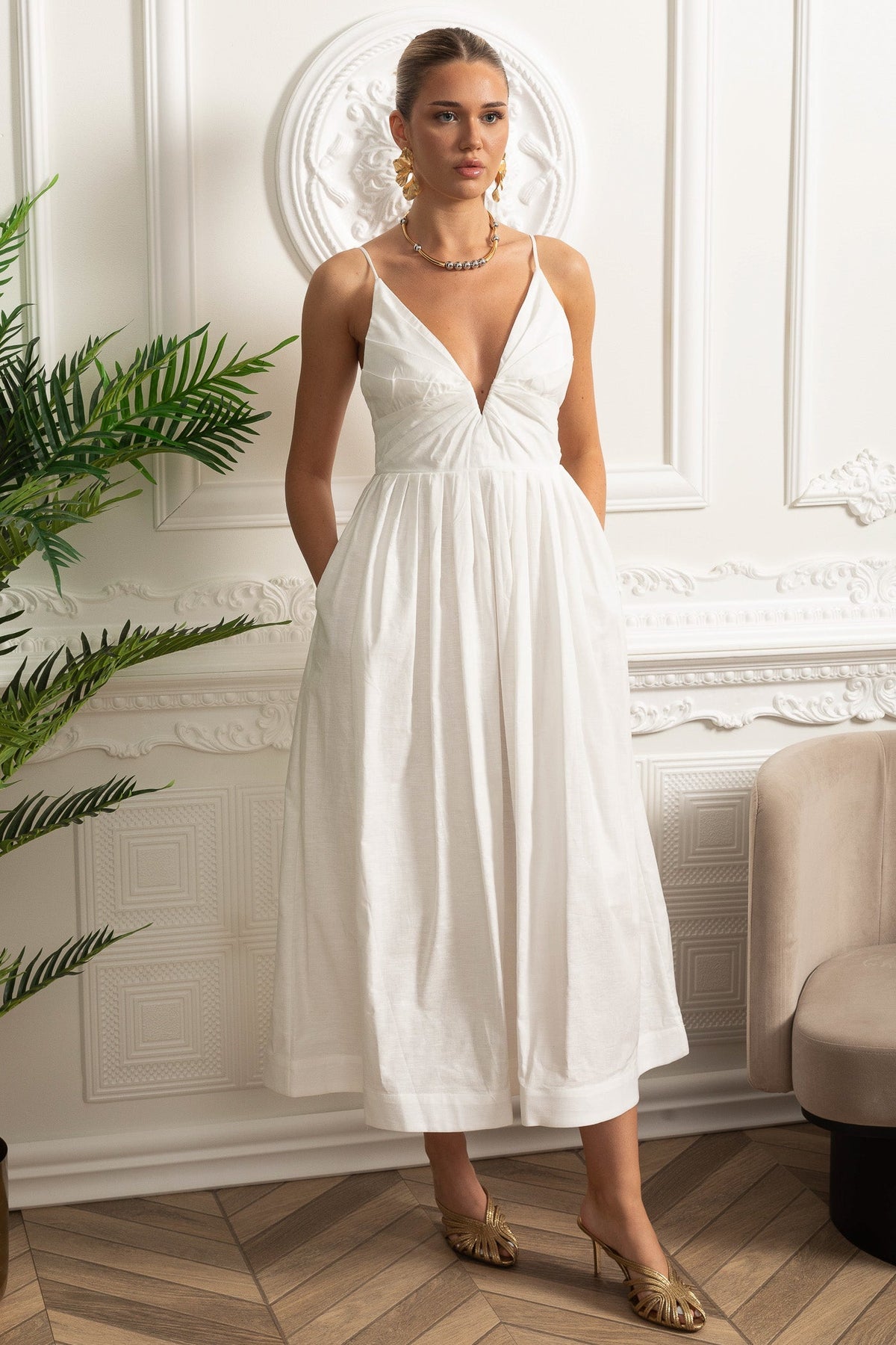 Ruched Bodice Strappy Midi Dress with Smocked Back and Gathered Skirt- White