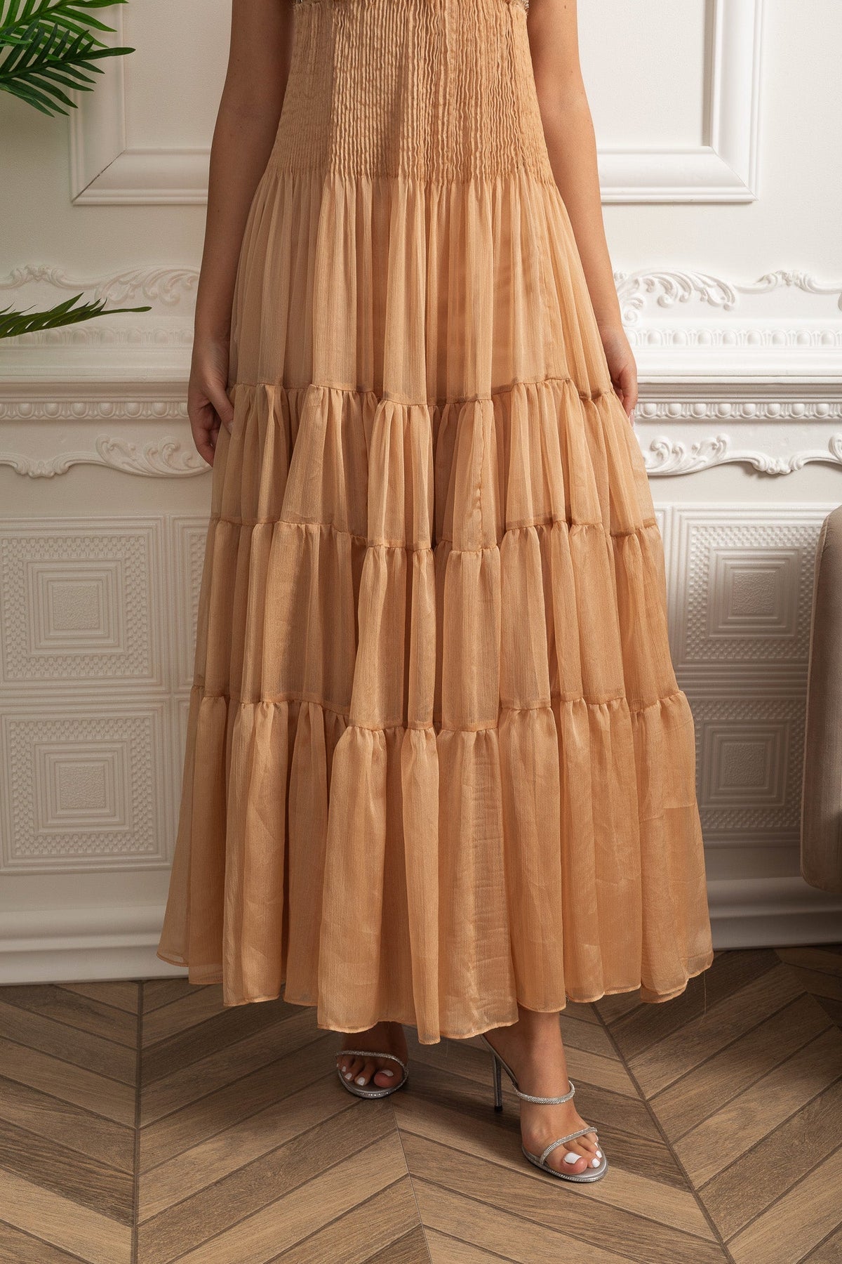 Tiered Maxi Dress with Fitted Bust and Reflective Accents - Beige