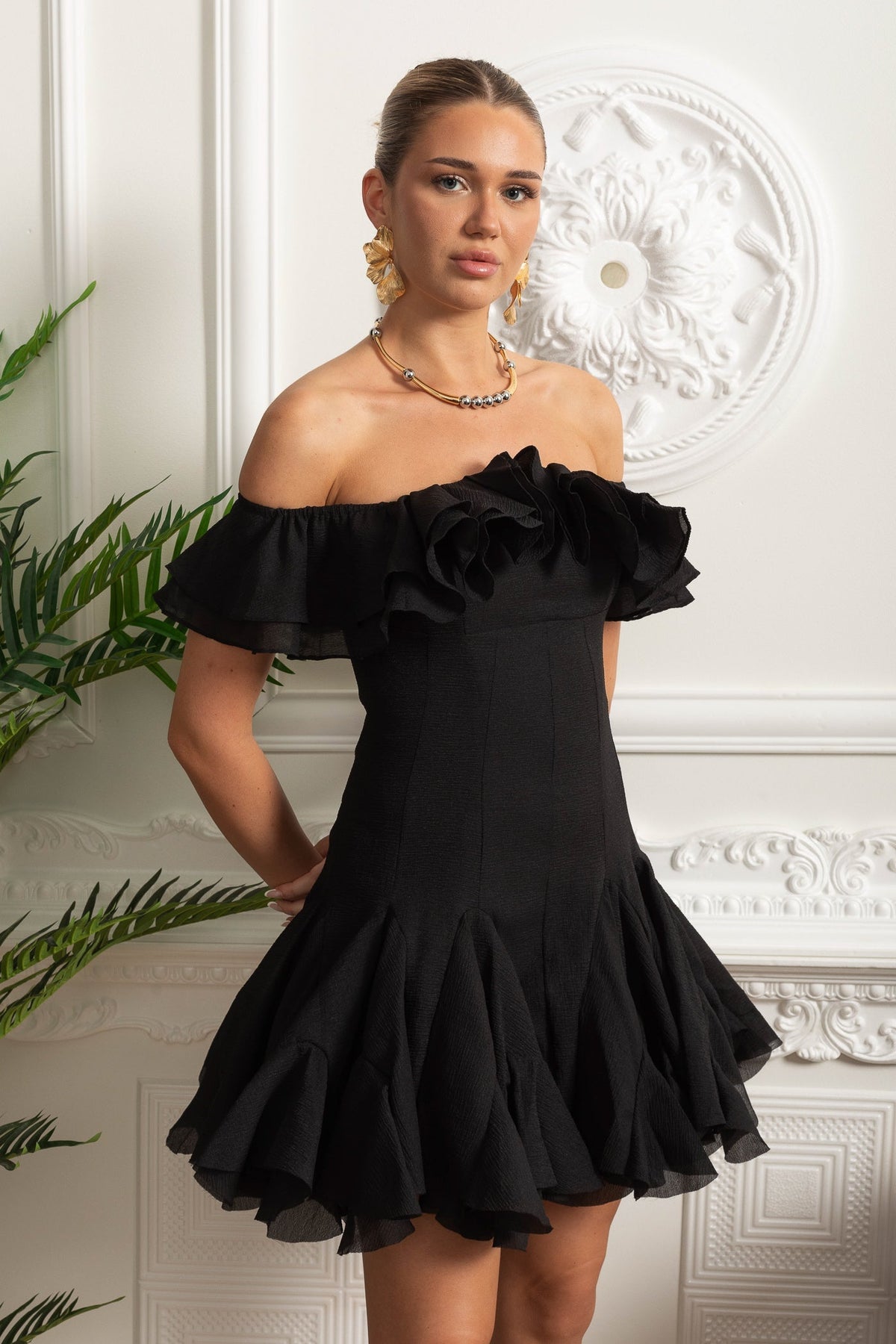 Off-Shoulder Mini Dress with Ruffled Organza Trim - Black
