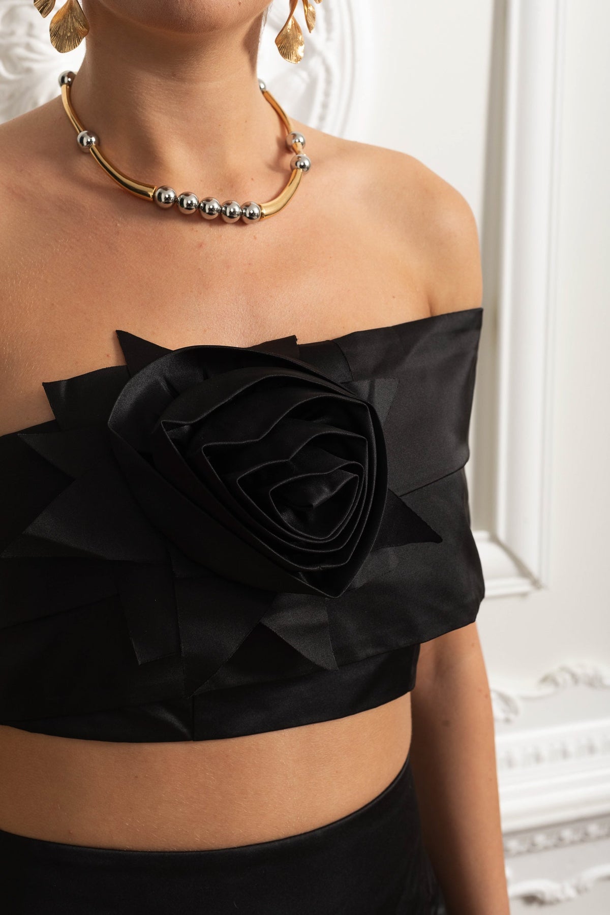 Satin 3D Rosette Co-Ord Set - Black