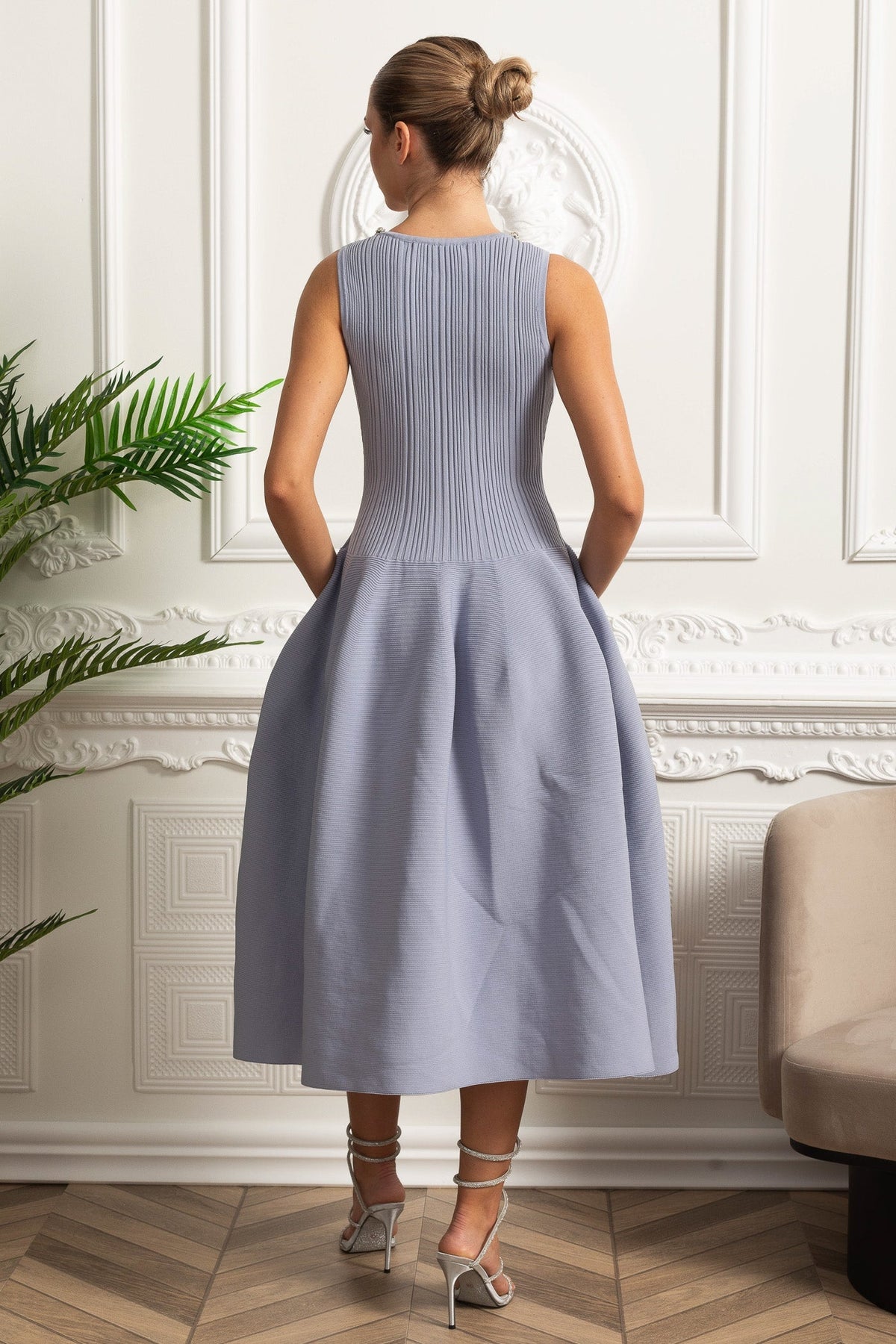 Adelaide Baby Blue Beaded Scoop-Neck Ribbed Midi Dress