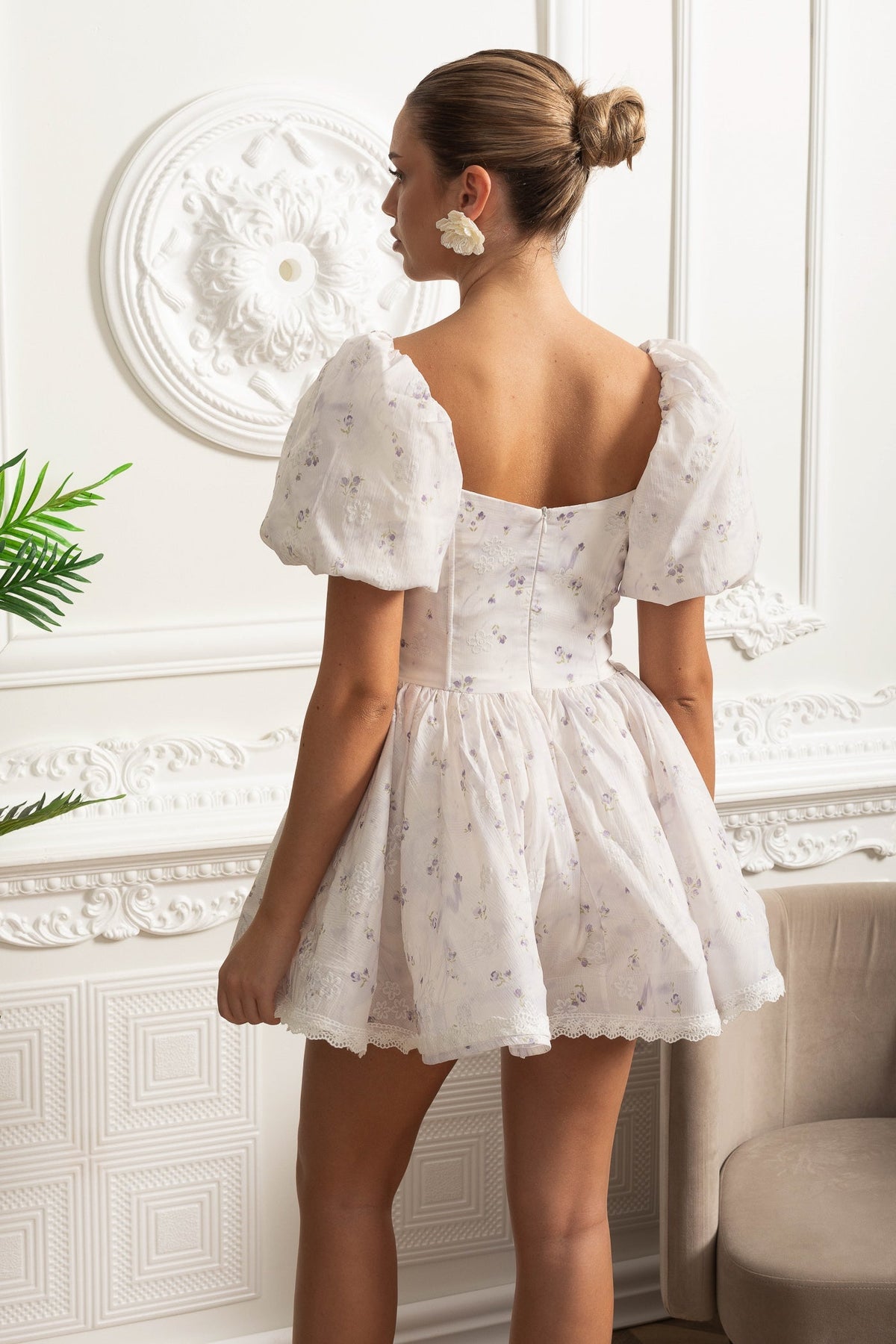 Floral Mini Dress With Puff Sleeves And 3D Rose Detail - White/Purple