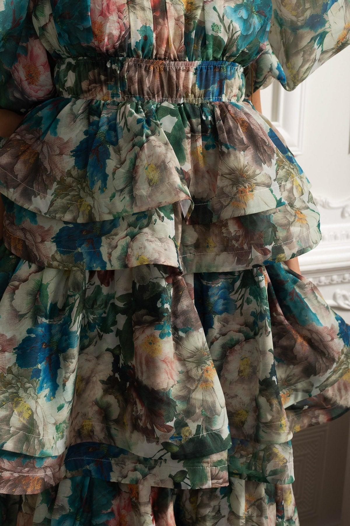 Puff Sleeve Tiered Ruffle Midi Dress - Green