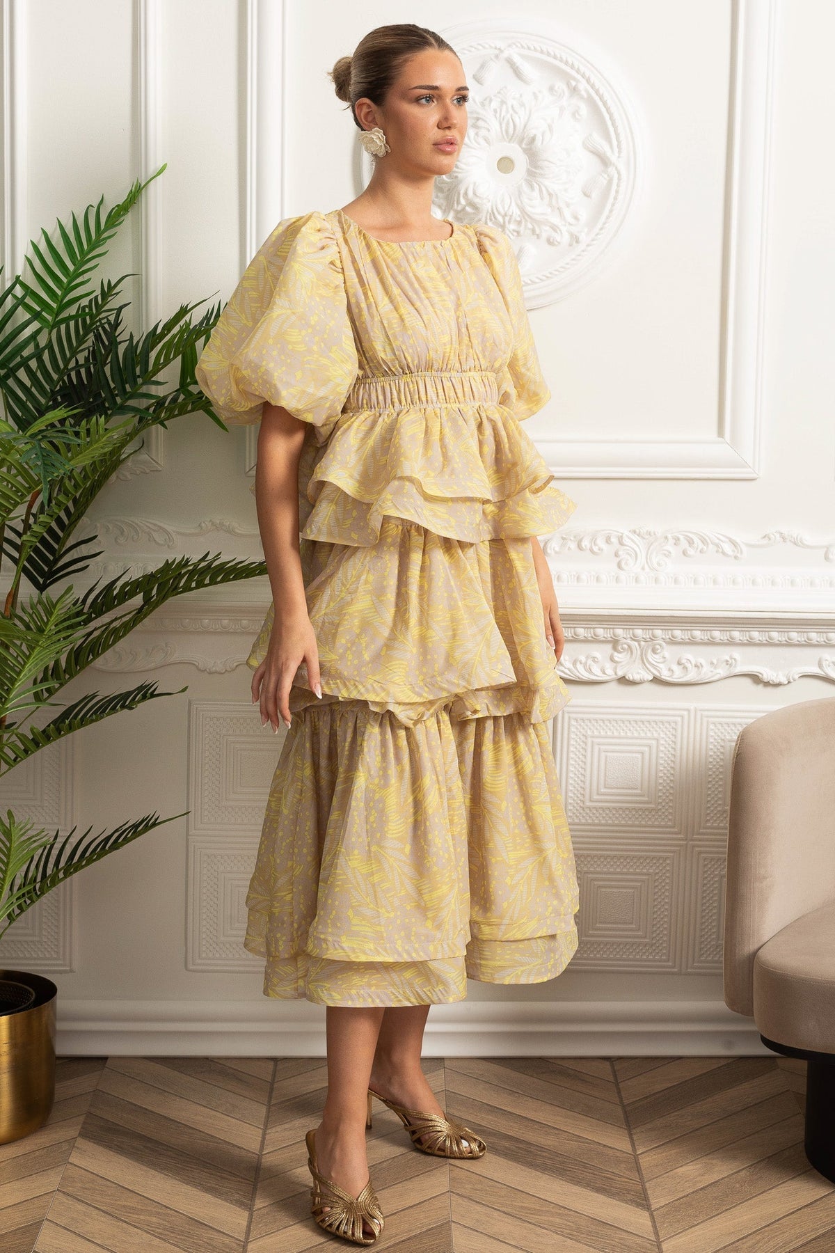 Puff Sleeve Tiered Ruffle Midi Dress - Yellow