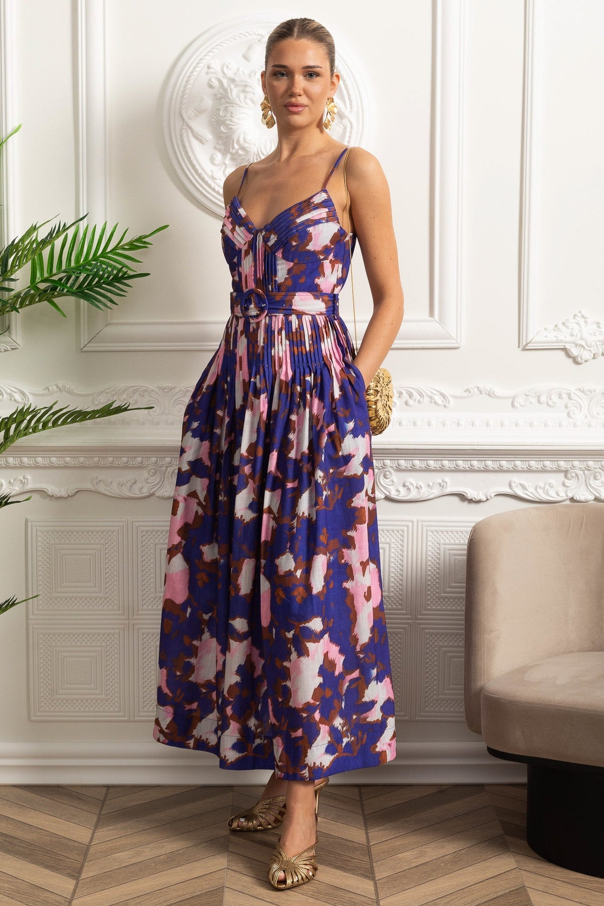 Pleated Bust Belted Midi Dress with Spaghetti Straps - Purple