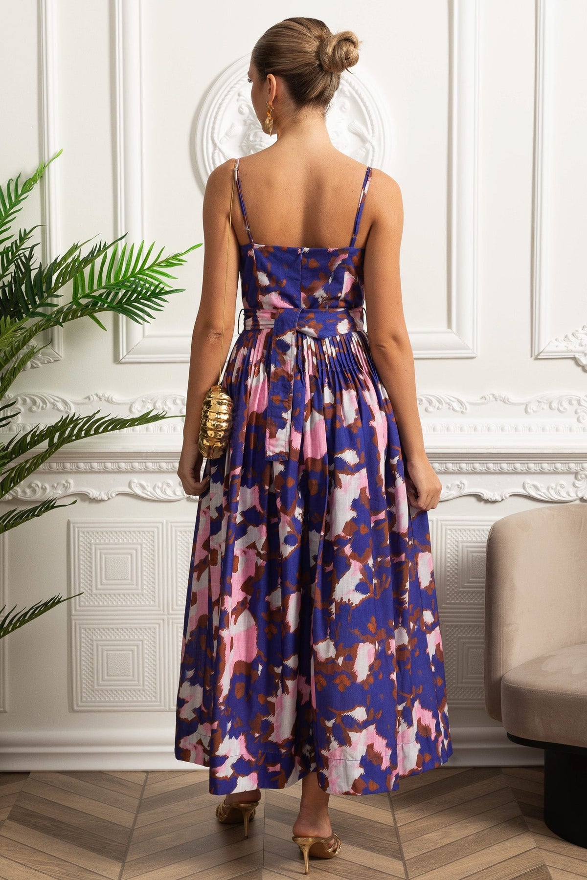 Pleated Bust Belted Midi Dress with Spaghetti Straps - Purple