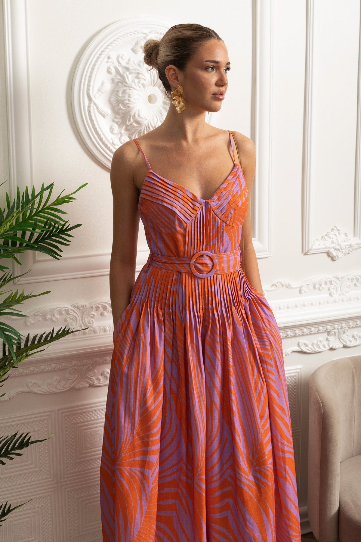 Pleated Bust Belted Midi Dress with Spaghetti Straps - Red