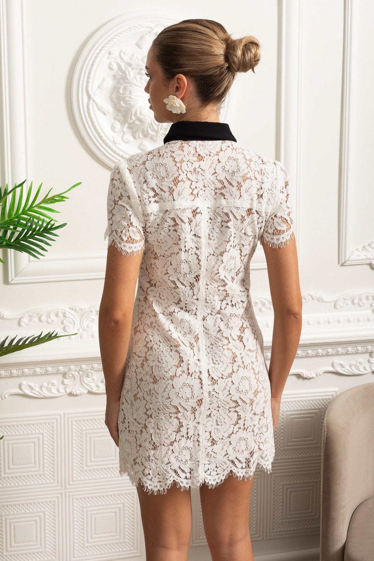 Lace Mini Dress with Contrast Black Collar and Pocket Details - White
