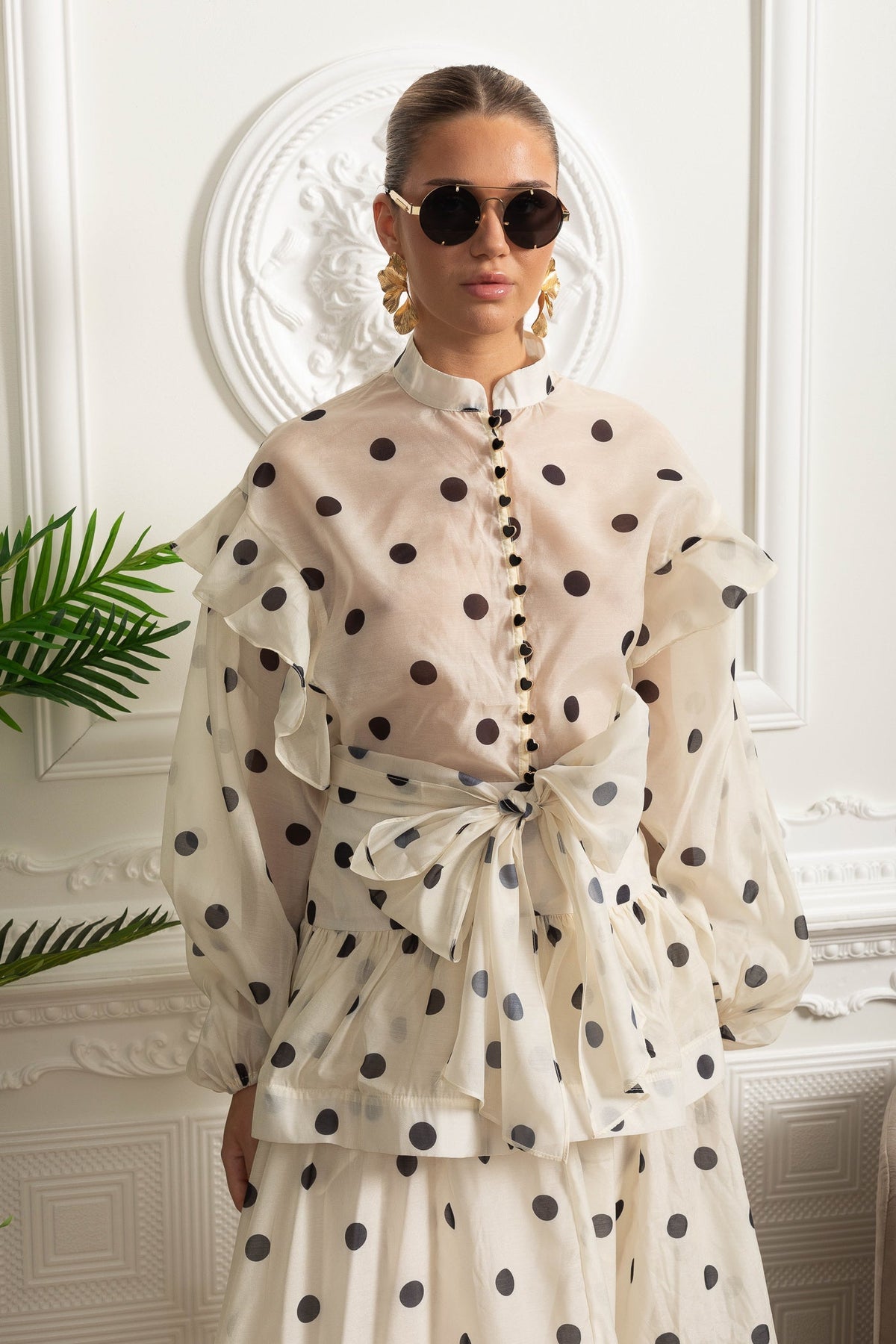 Polka Dot Maxi Dress with Voluminous Sleeves and Statement Waist Bow - Ivoire