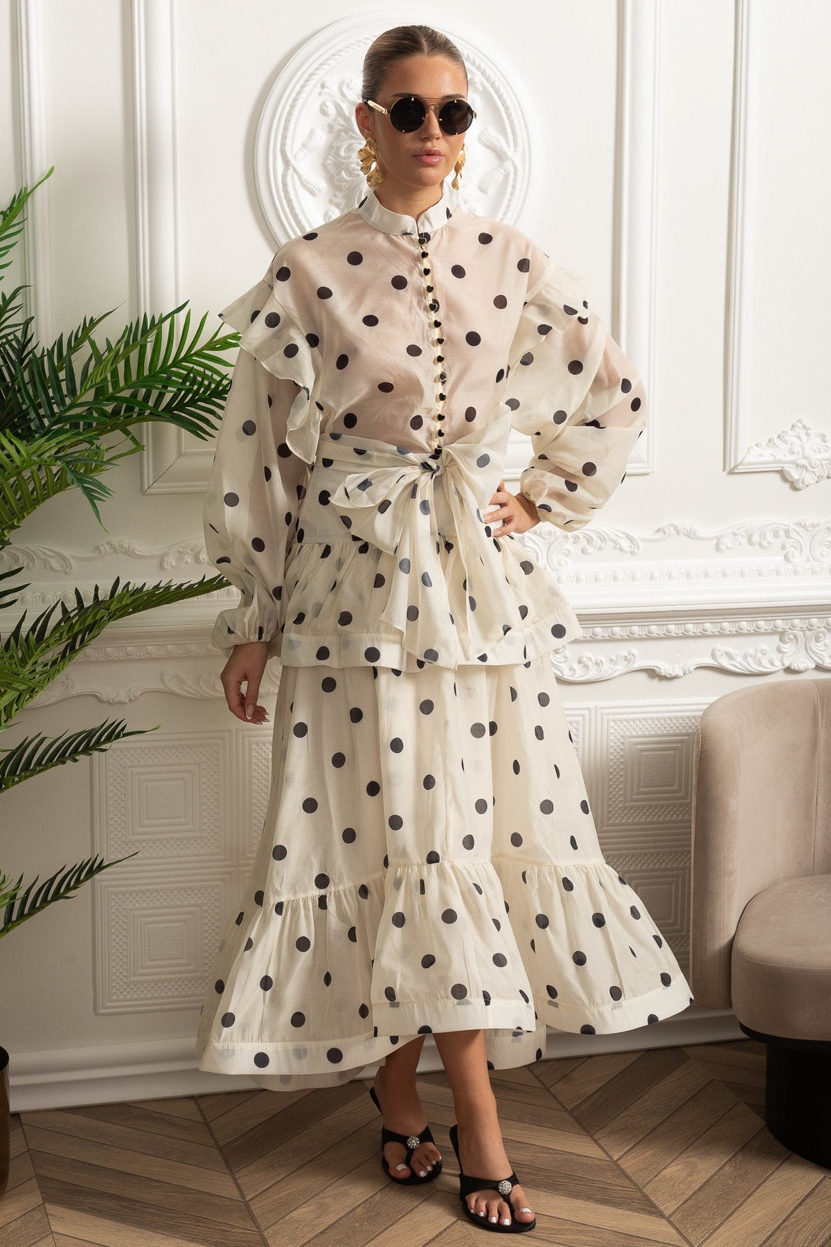 Polka Dot Maxi Dress with Voluminous Sleeves and Statement Waist Bow - Ivoire
