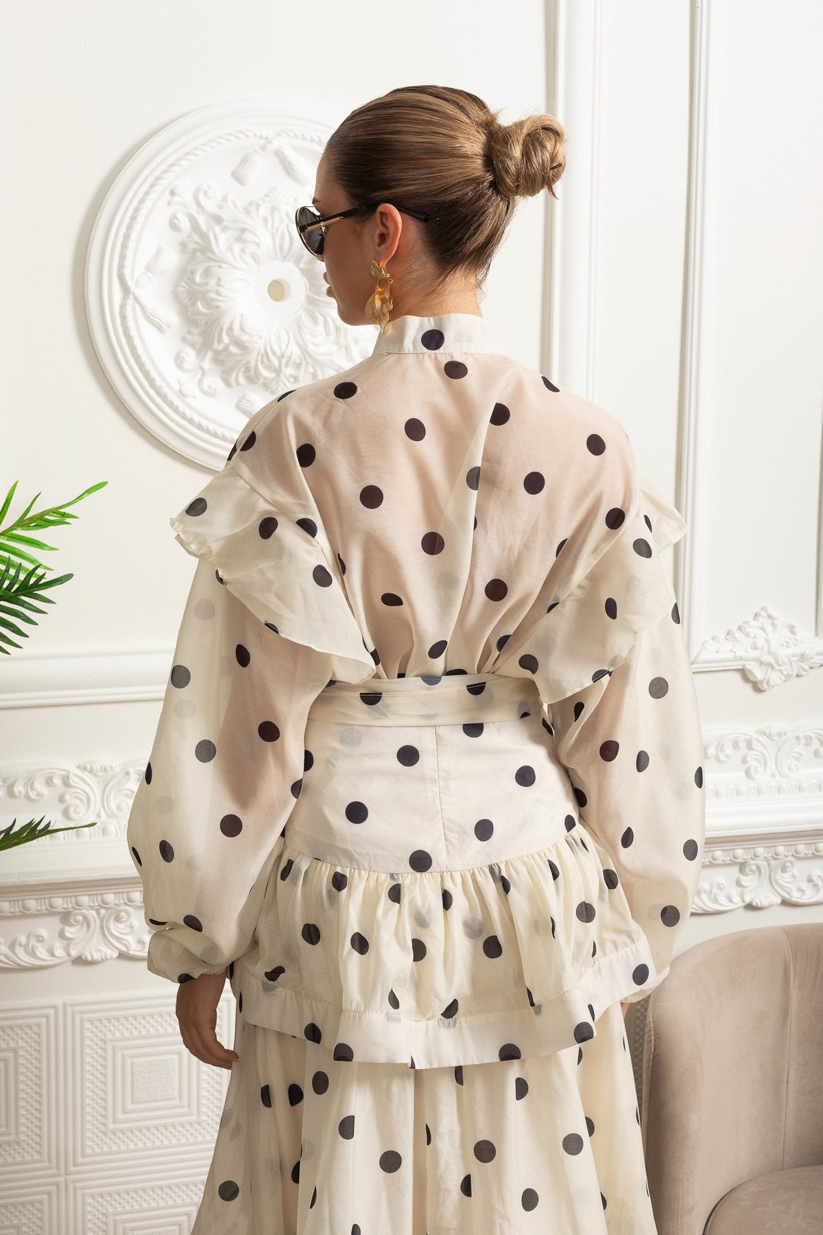 Polka Dot Maxi Dress with Voluminous Sleeves and Statement Waist Bow - Ivoire