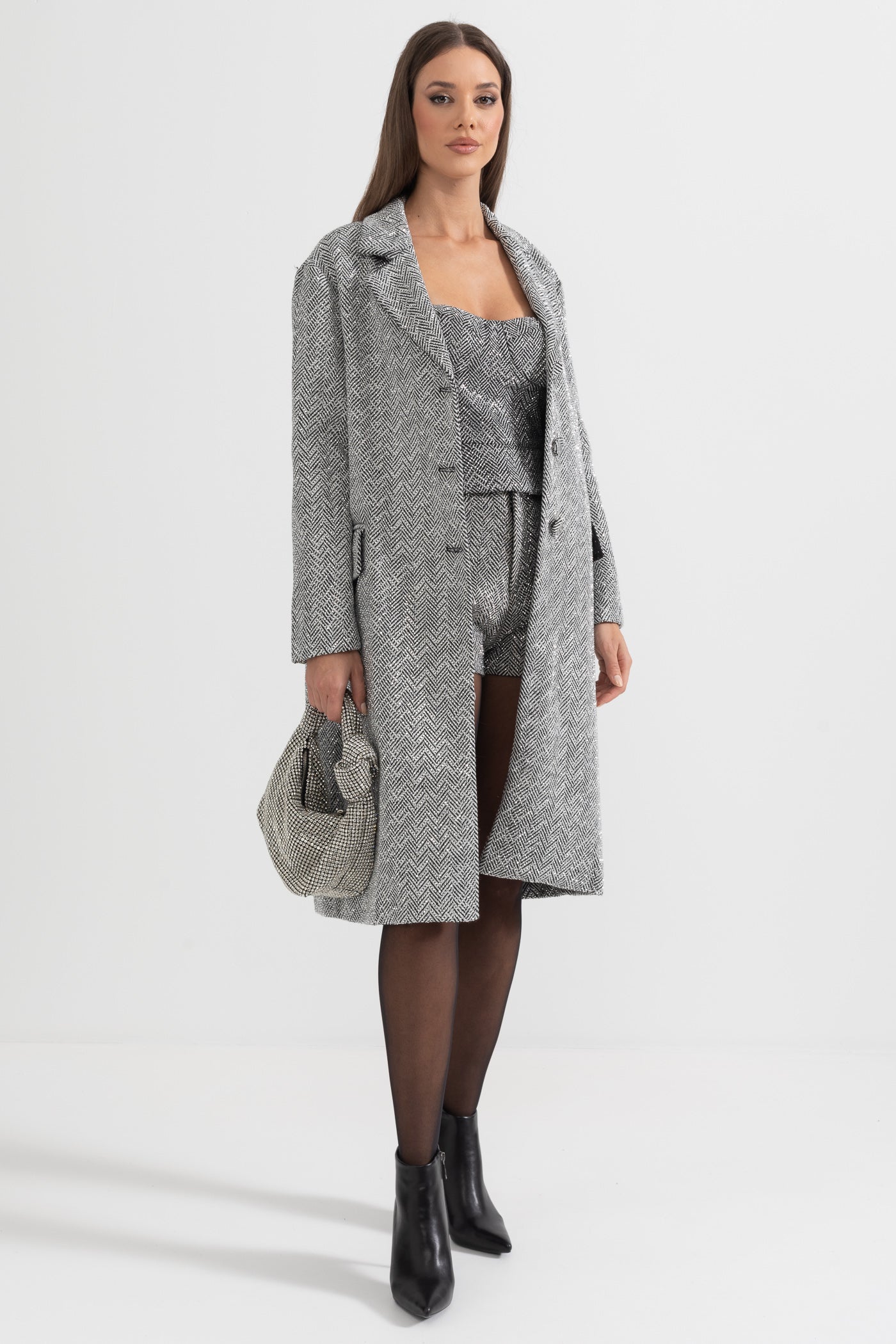 Herringbone Belted Coat - Silver