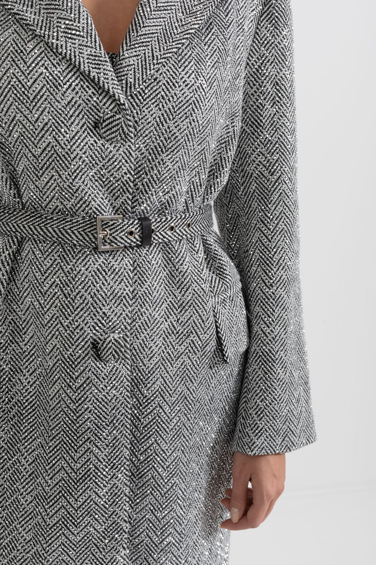 Herringbone Belted Coat - Silver