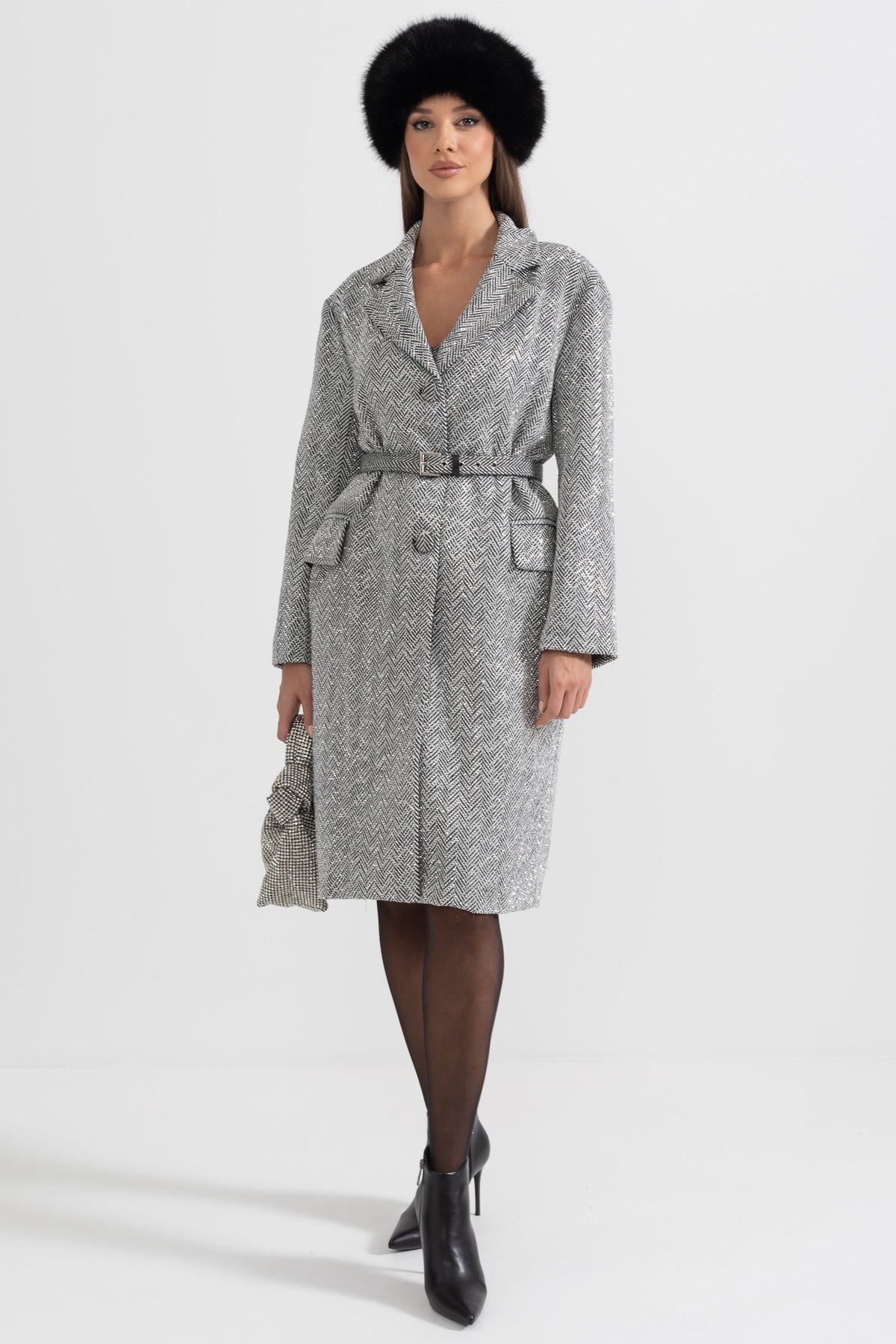 Herringbone Belted Coat - Silver