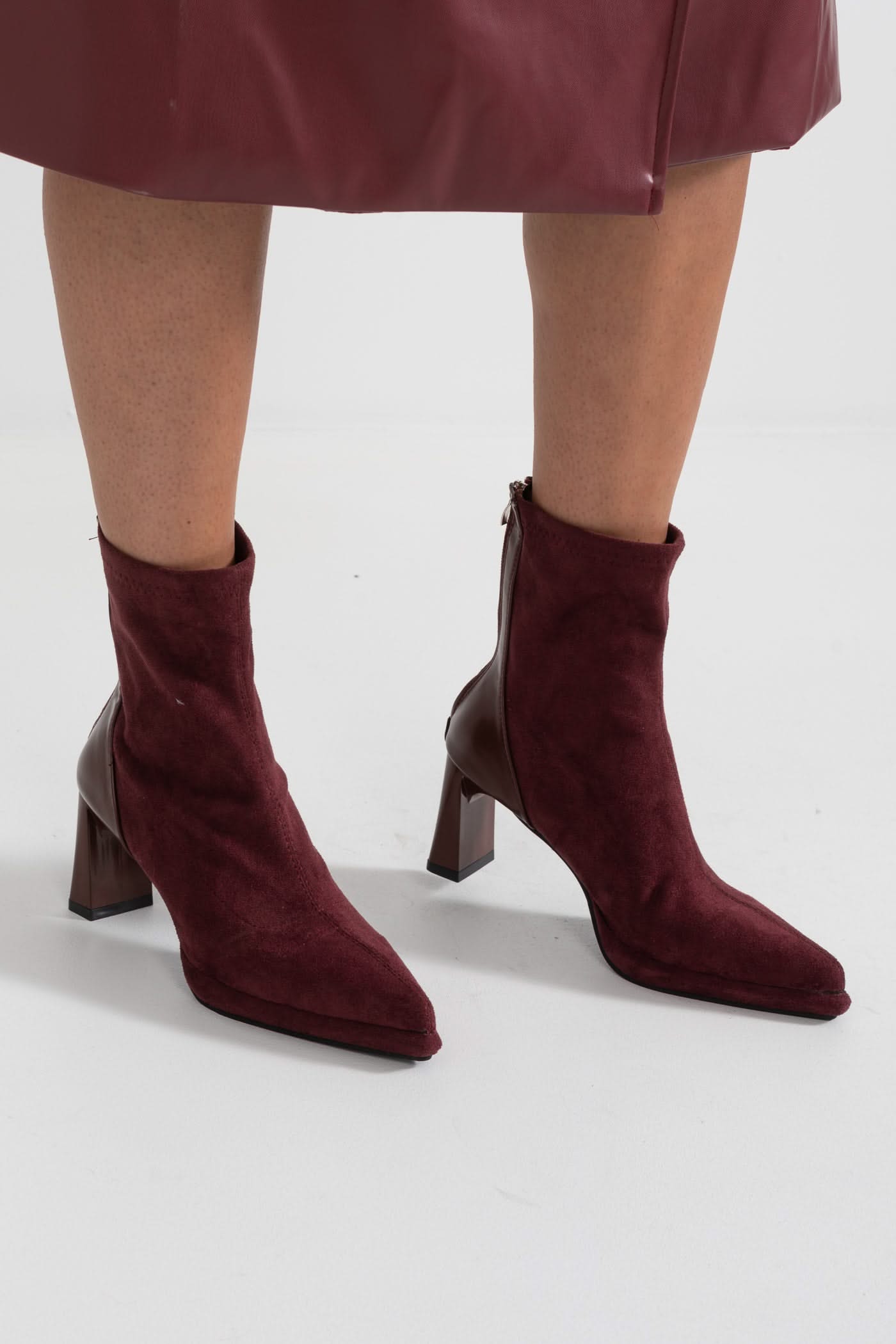 Ottavia Glossy Heel Suede Ankle Boot - Burgundy