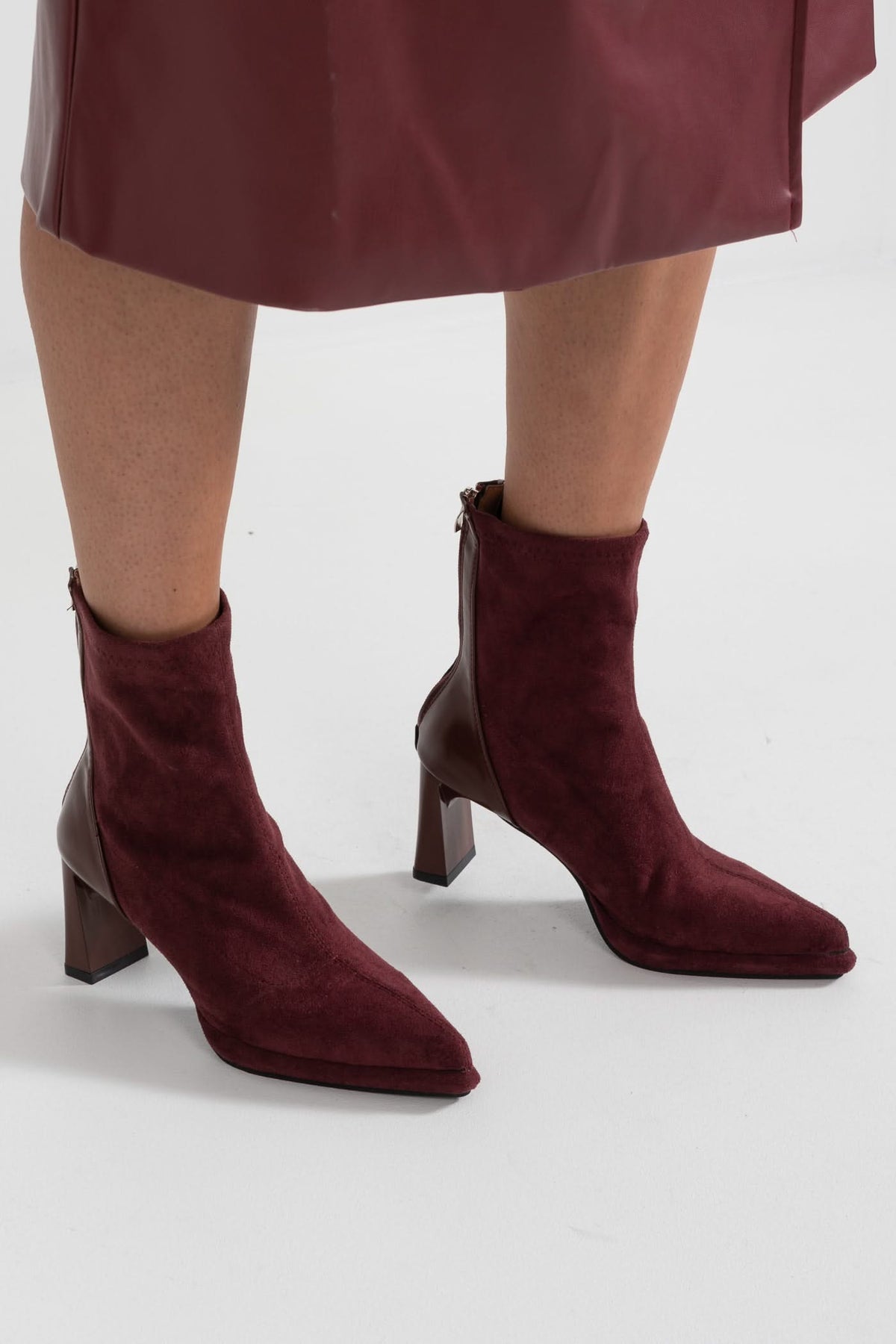 Ottavia Glossy Heel Suede Ankle Boot - Burgundy
