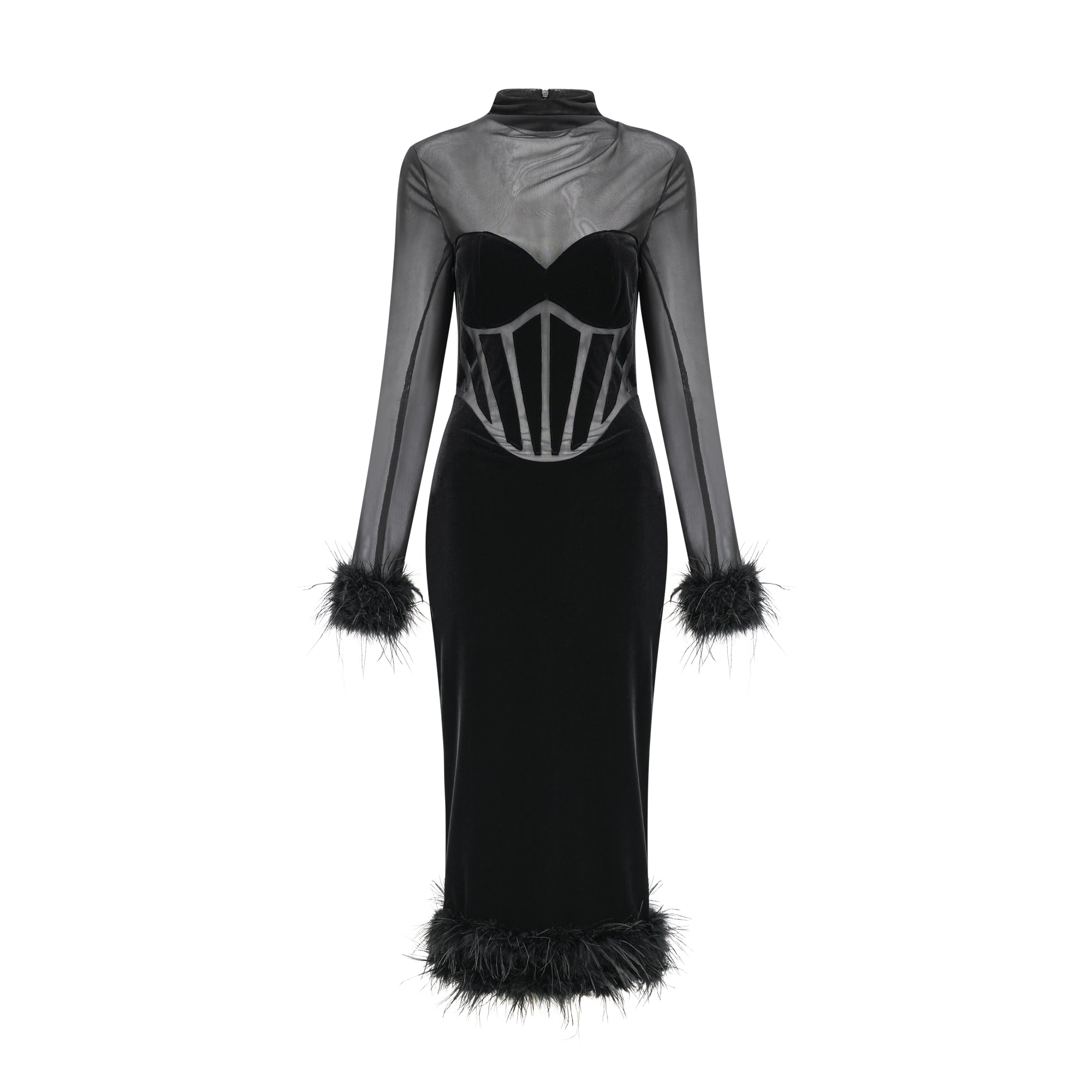 Jeanne feather-trim velvet midi dress (US Only)