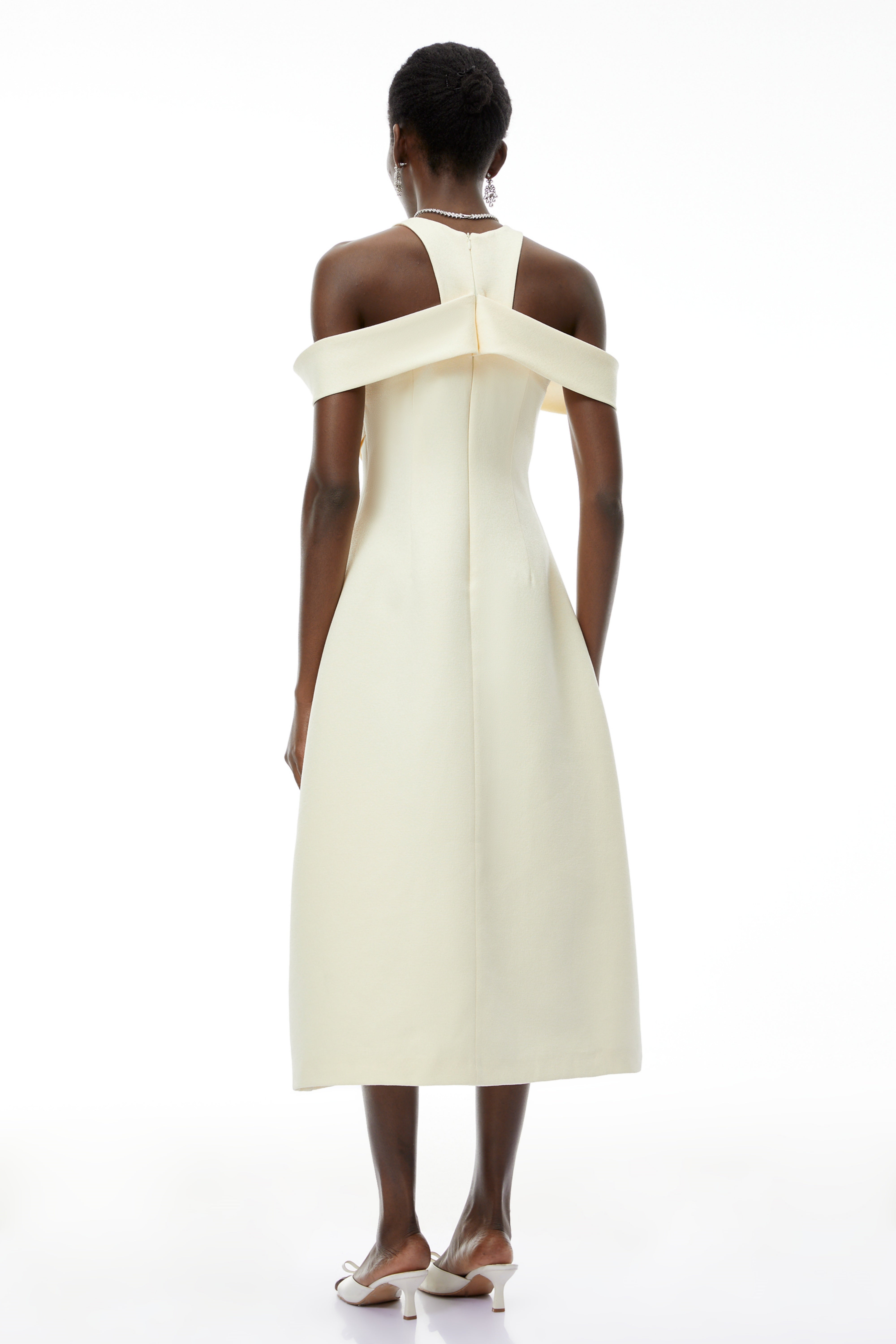 Saara Neutral Cold Shoulder Ruched Midi Dress