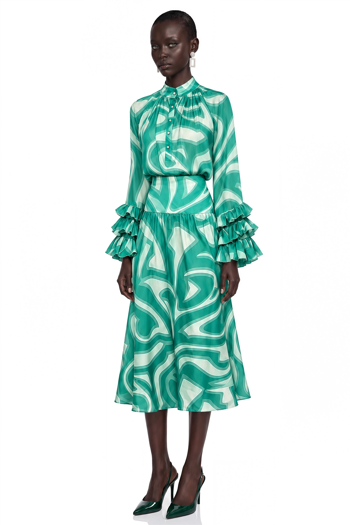 sabine green abstract print long sleeve blouse & midi skirt set