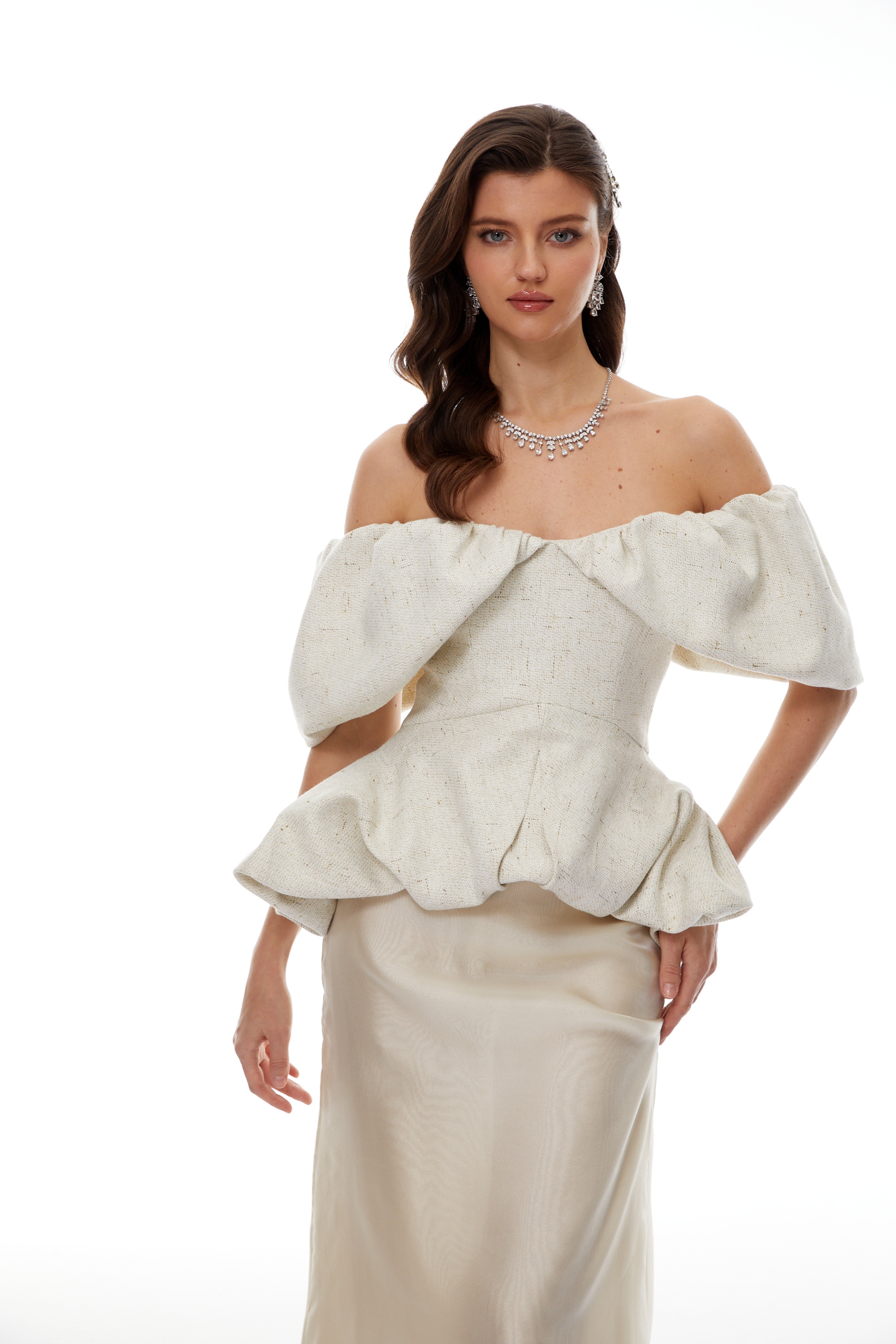Sabine White Bubble Ruched Top & Skirt Co-ord Set
