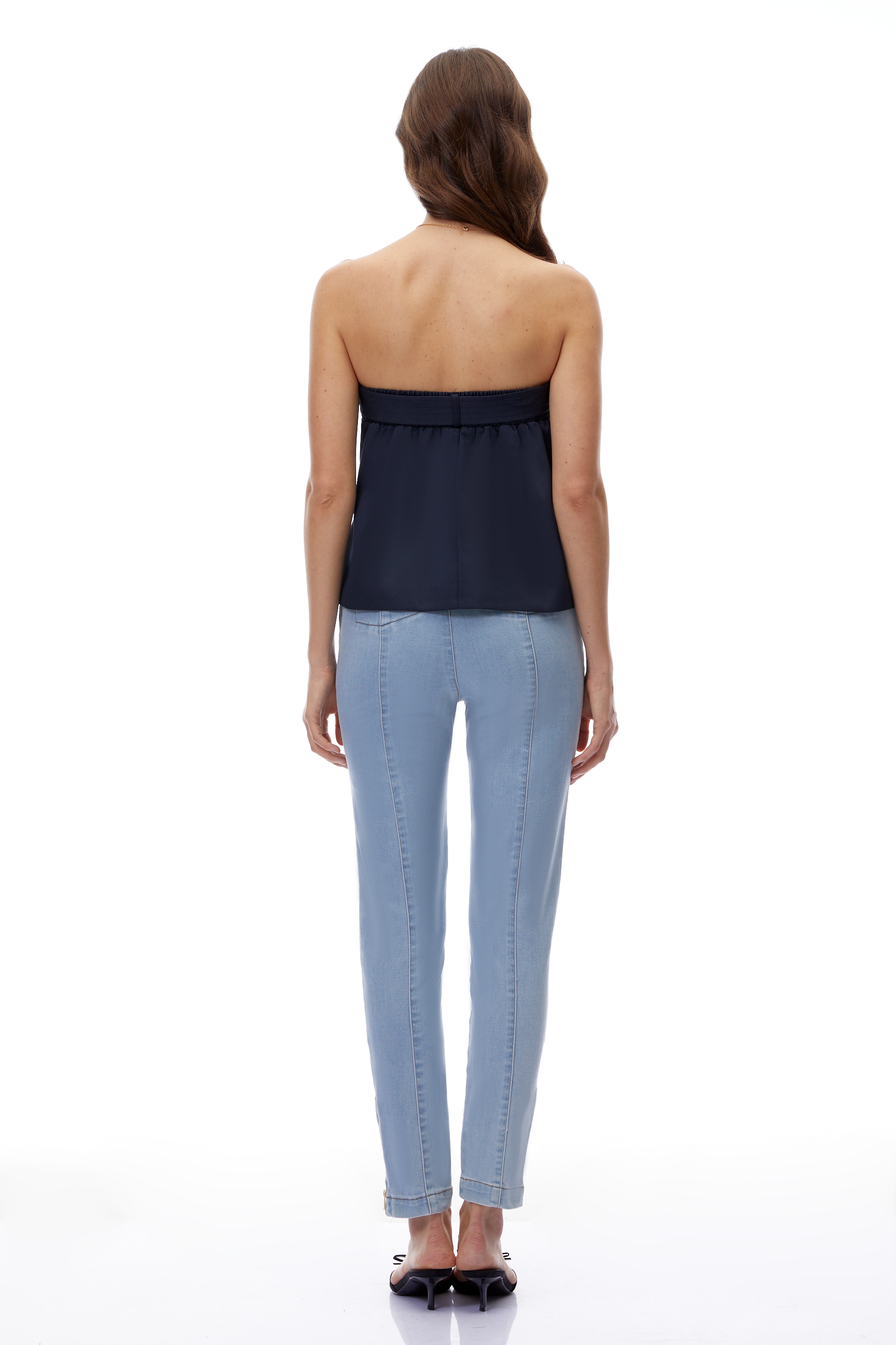 Sabrina Navy Blue Strapless Button Down Top