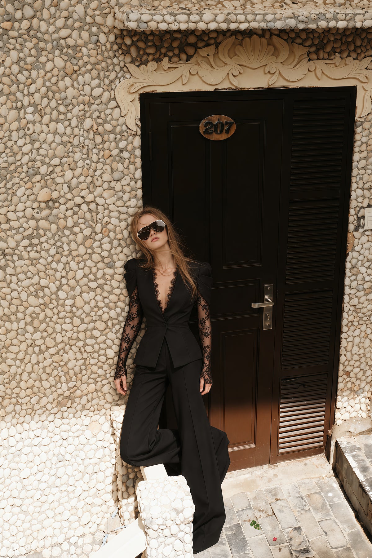 saffron black collarless blazer with lace trim