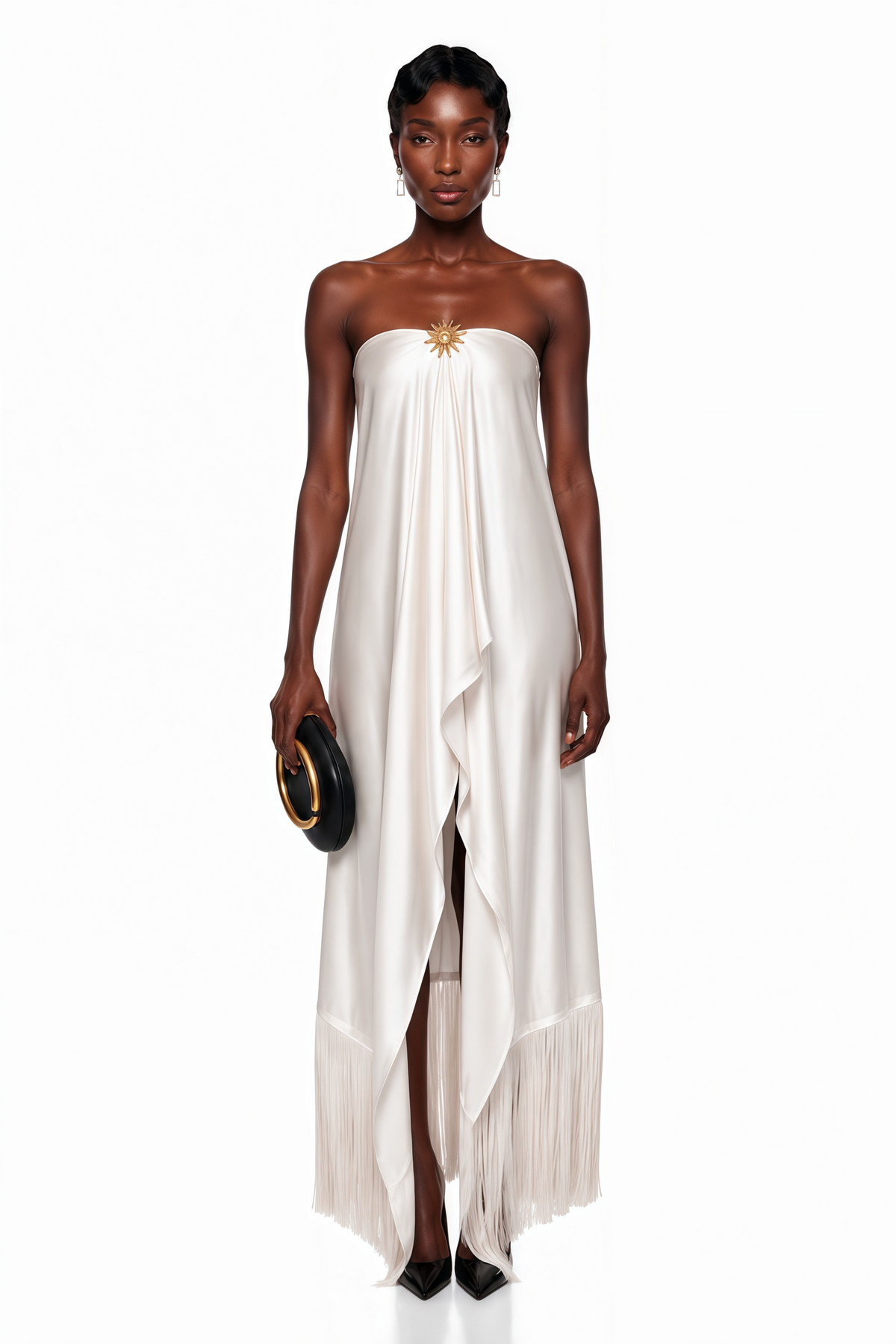Saffron White Asymmetrical Tassel Maxi Dress