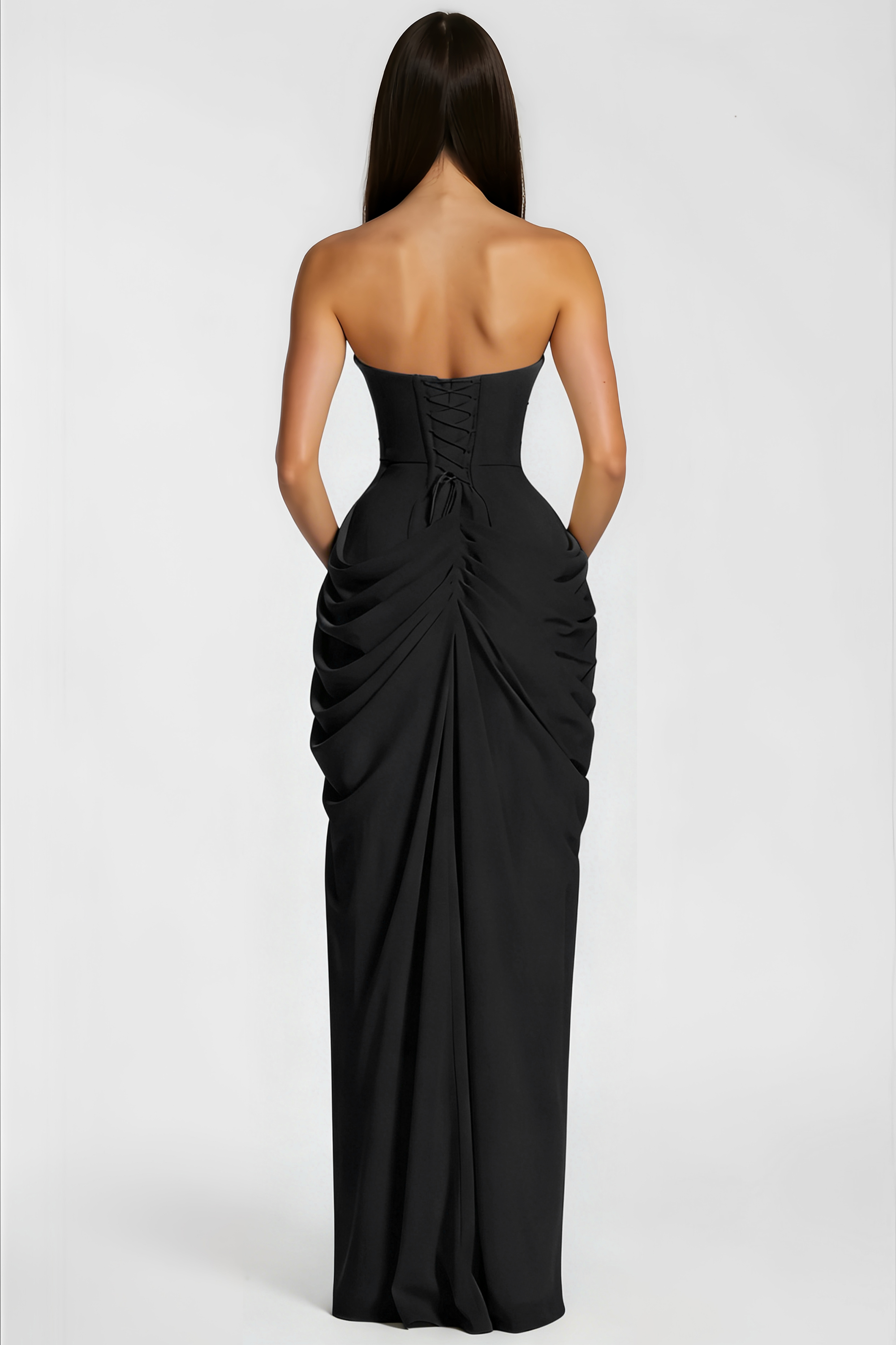 Safiya Black Ruched Maxi Dress with Cross Front