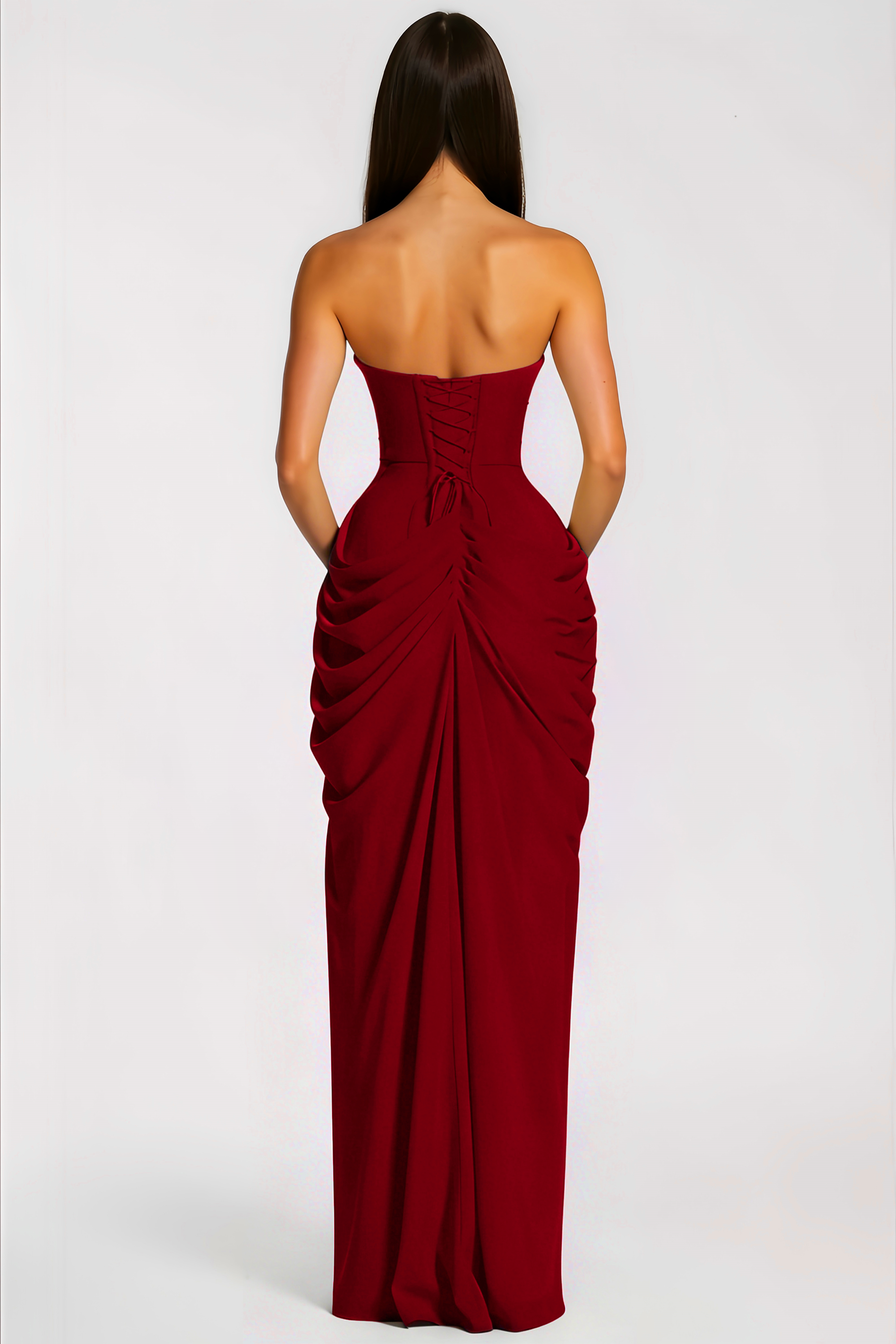 Safiya Burgundy Ruched Maxi Dress with Cross Front