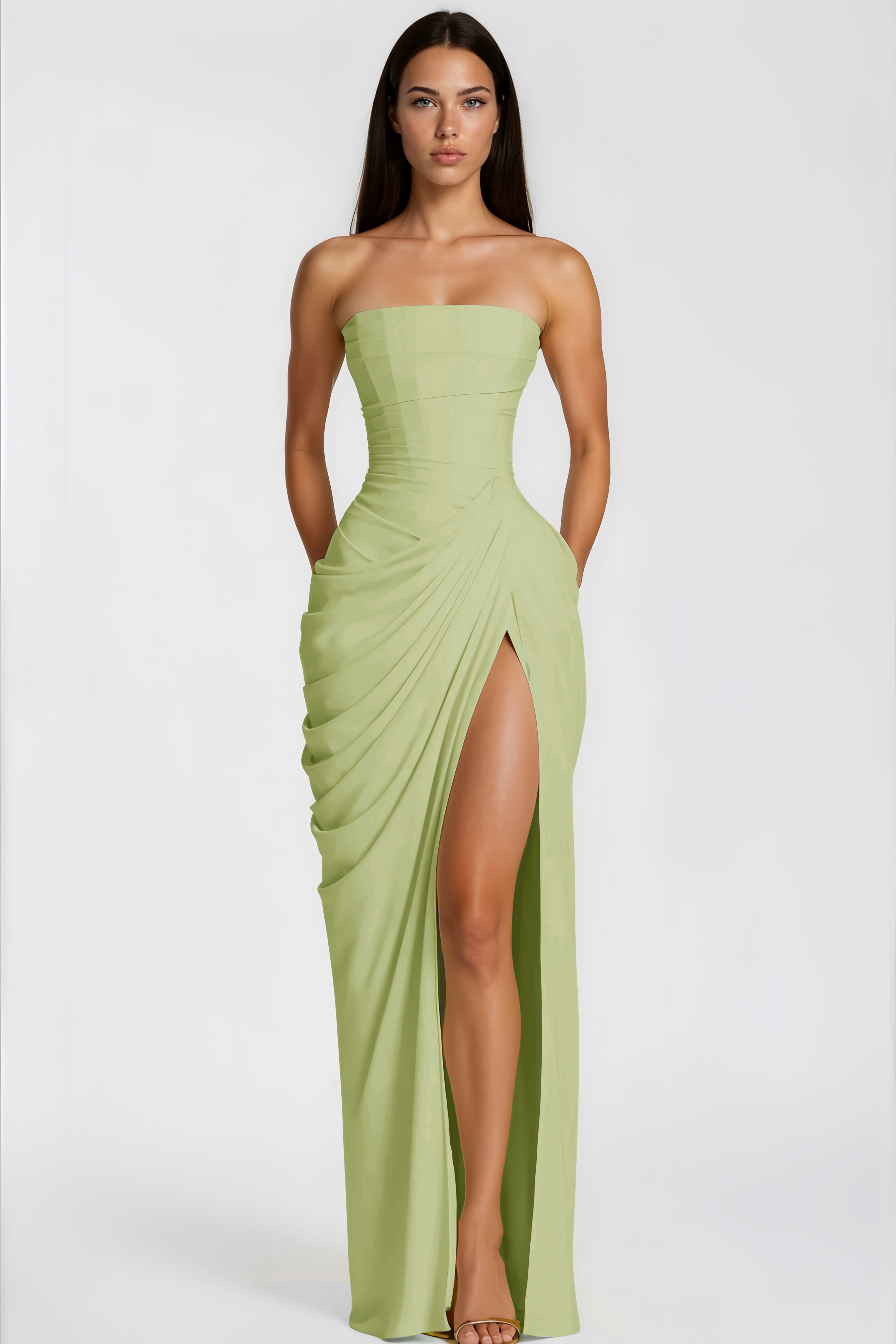 Safiya Green Ruched Maxi Dress with Cross Front