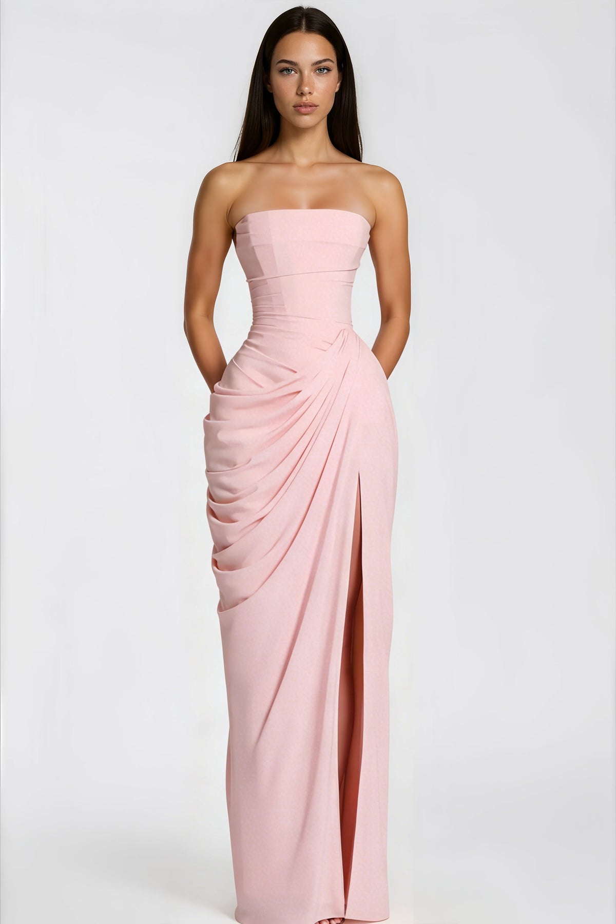 Safiya Pink Ruched Maxi Dress with Cross Front