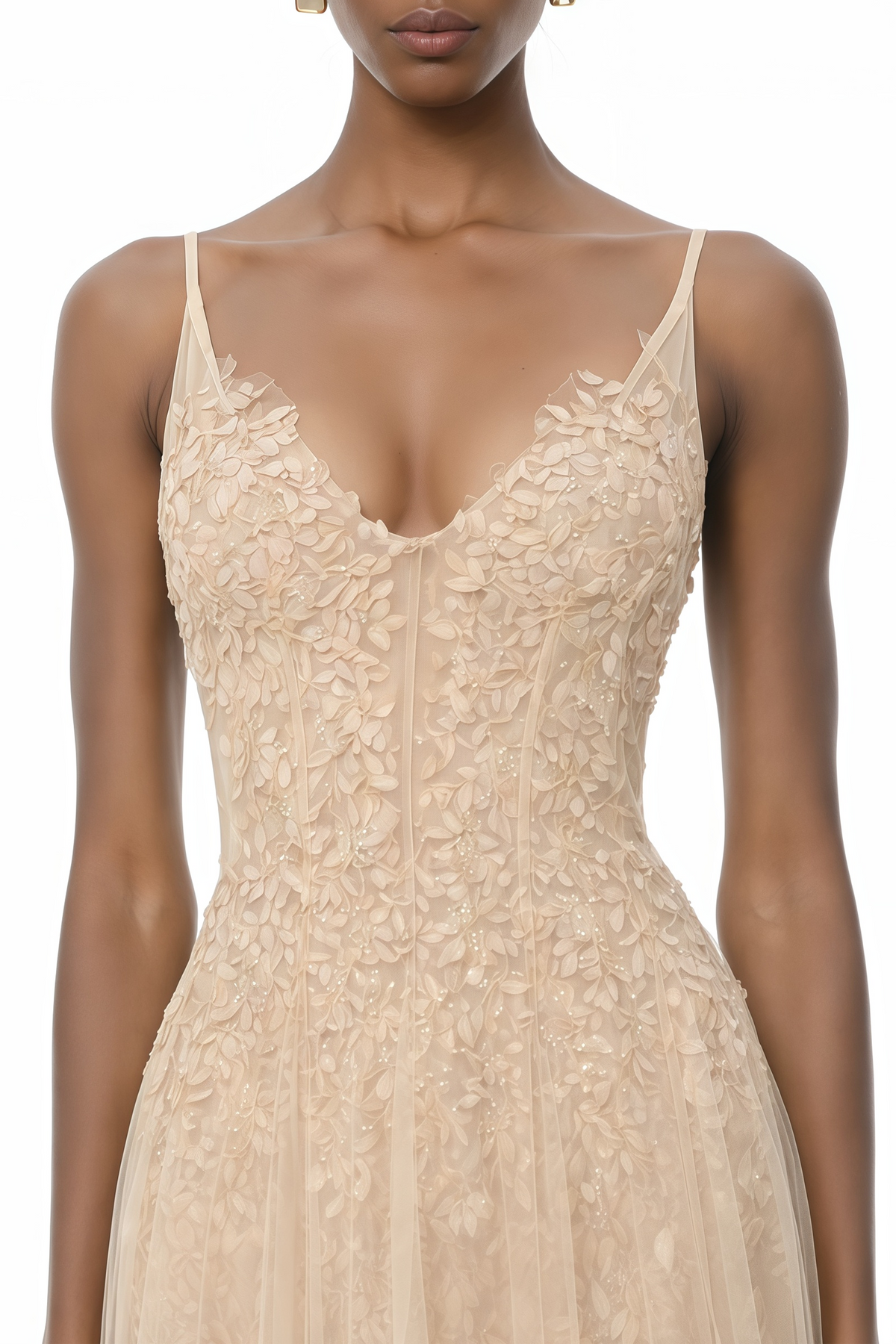 Saga Neutral Pleated Maxi Dress with 3D Petals