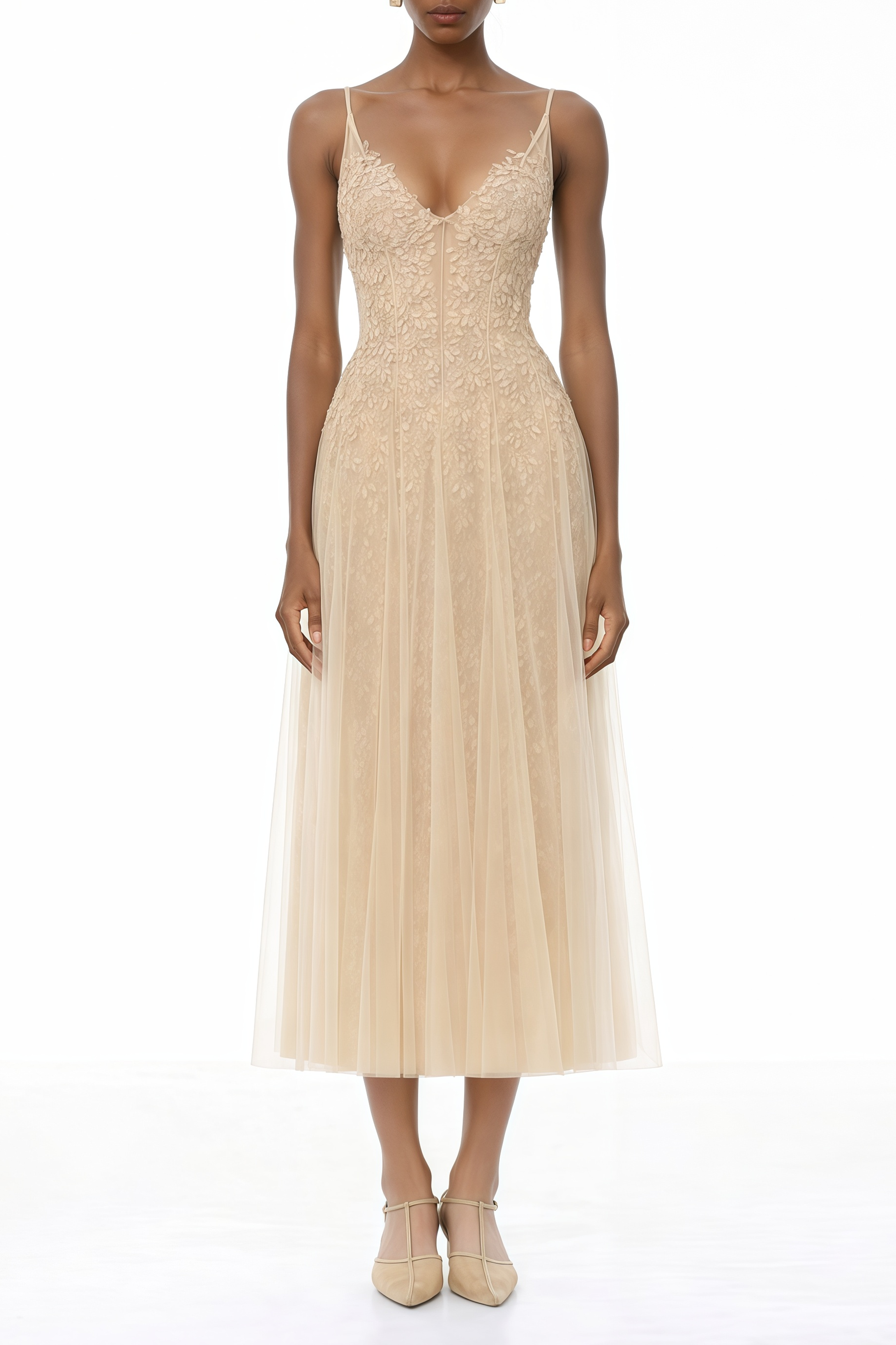 Saga Neutral Pleated Maxi Dress with 3D Petals