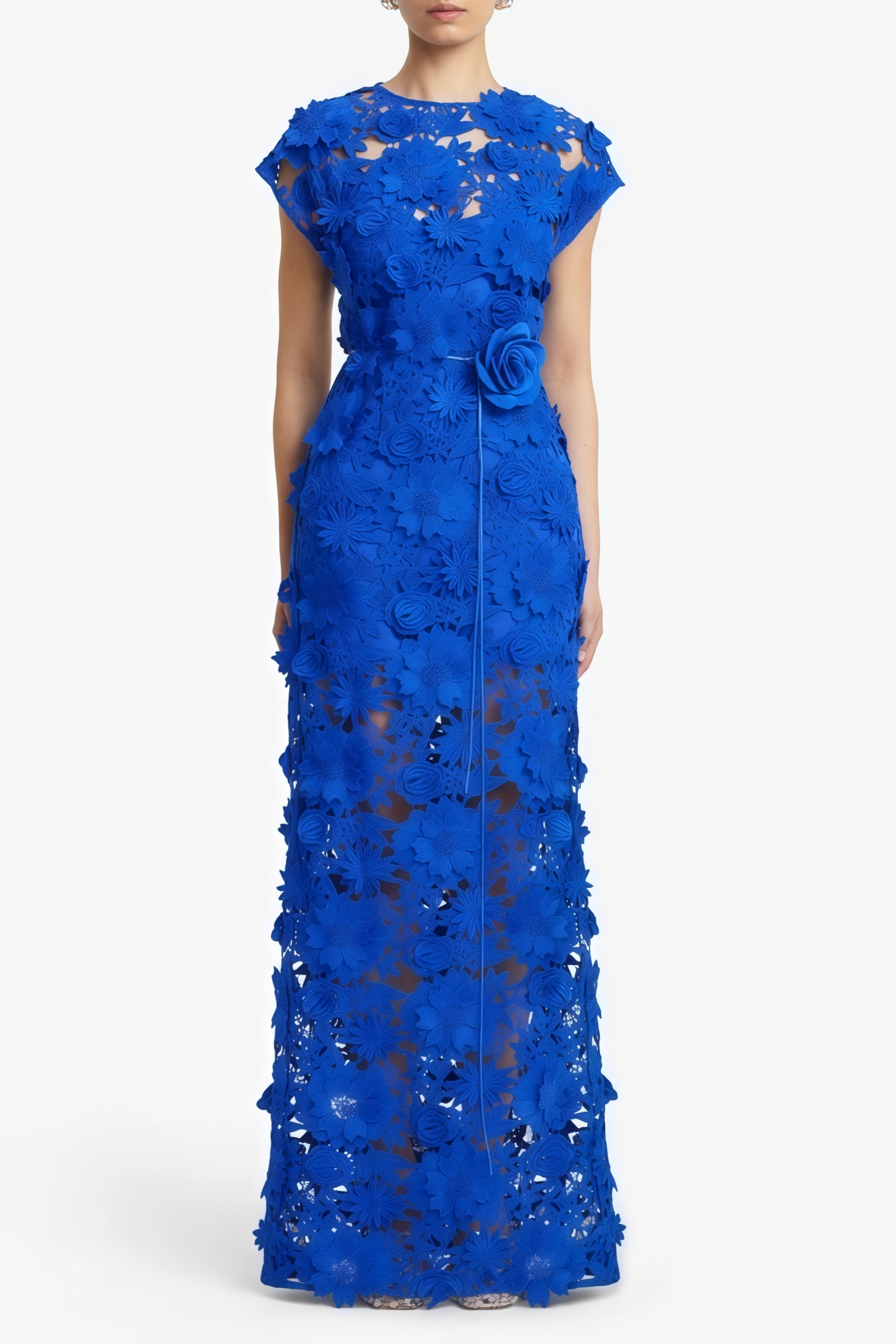 Jochebed Blue Floral Appliqué Maxi Dress witn Cut-Outs