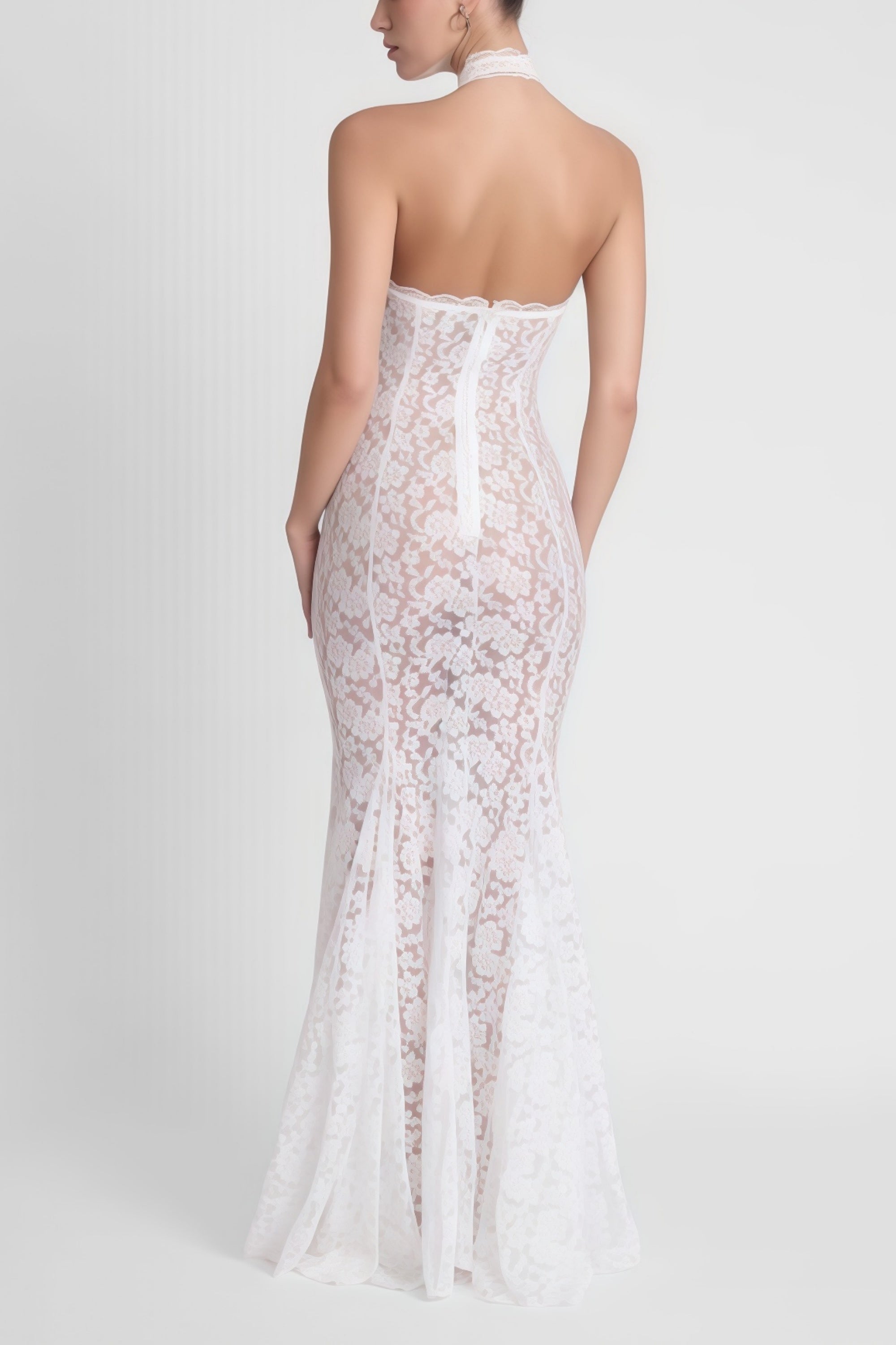 Solange White Halterneck Floral Lace Maxi Dress (Final Sale)